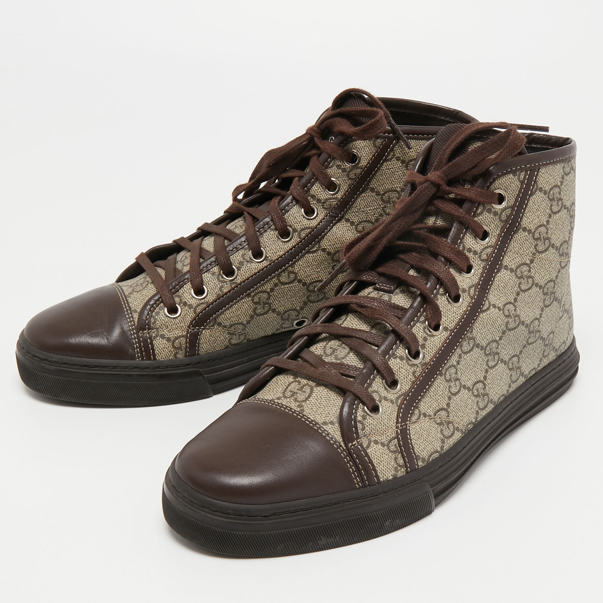 

Gucci Brown/Grey GG Supreme Canvas and Leather Cap Toe High Top Sneakers Size