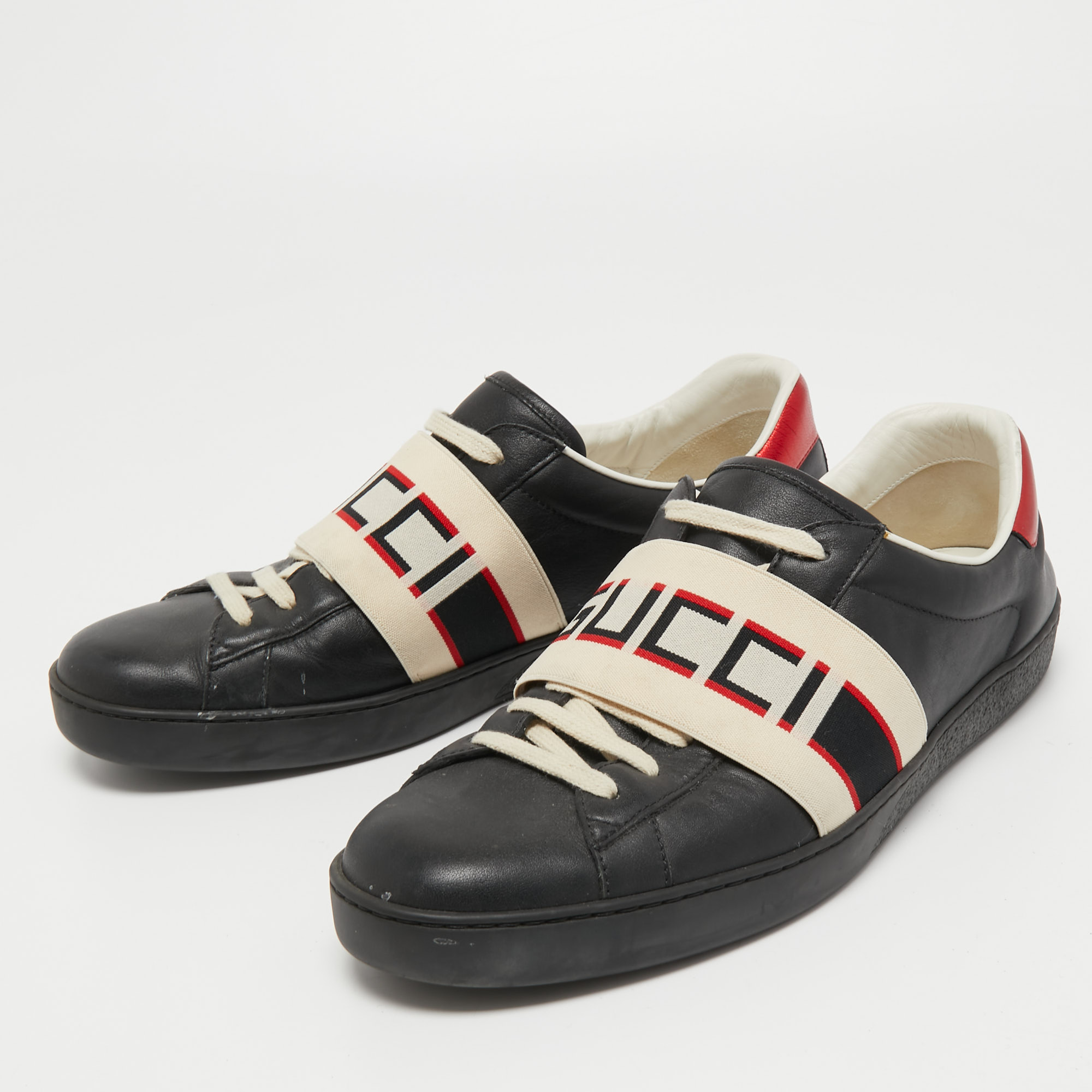 

Gucci Black Leather Logo Elastic Band Ace Sneakers Size