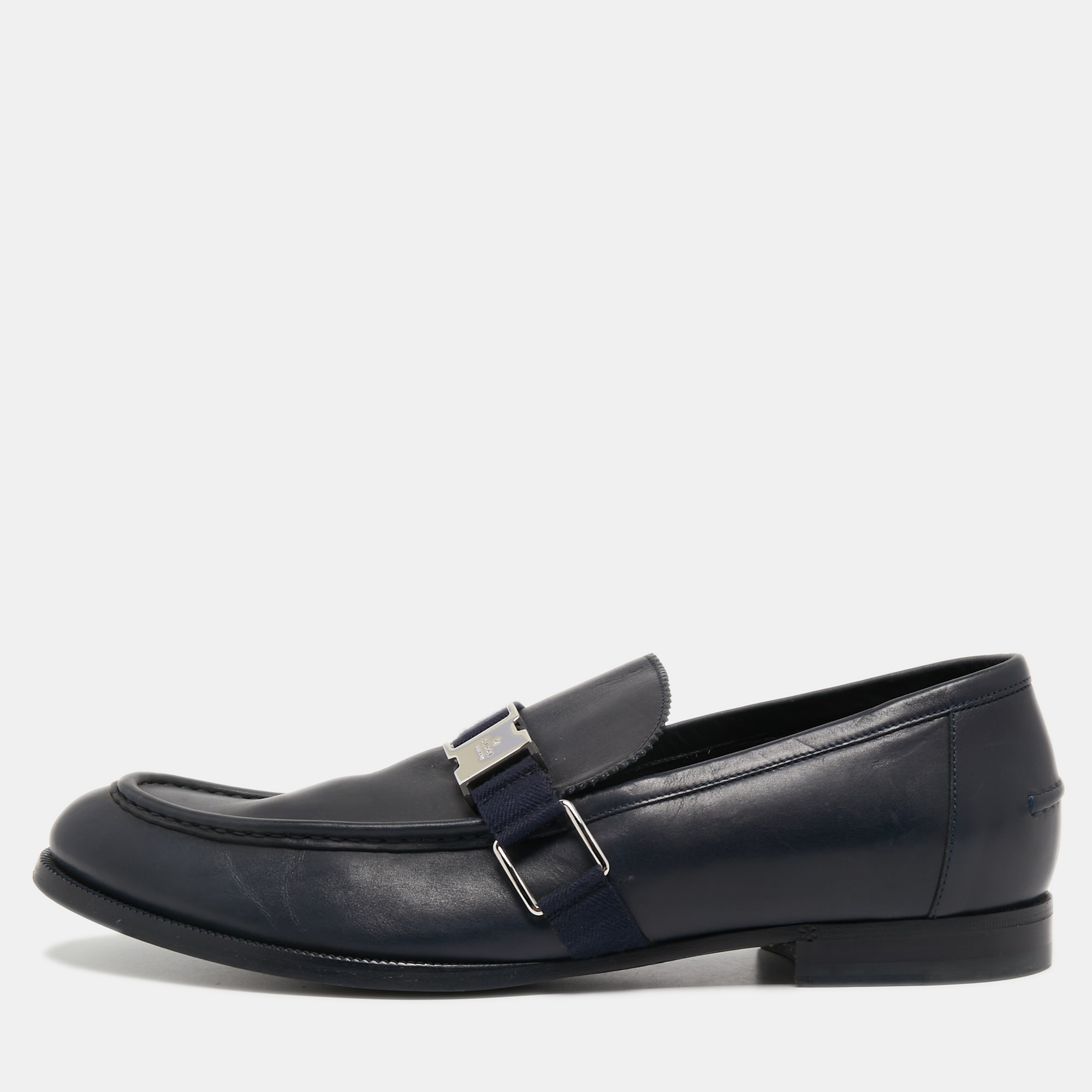 مملوكة مسبقًا Gucci Navy Blue Leather Buckle Loafers Size 44.5
