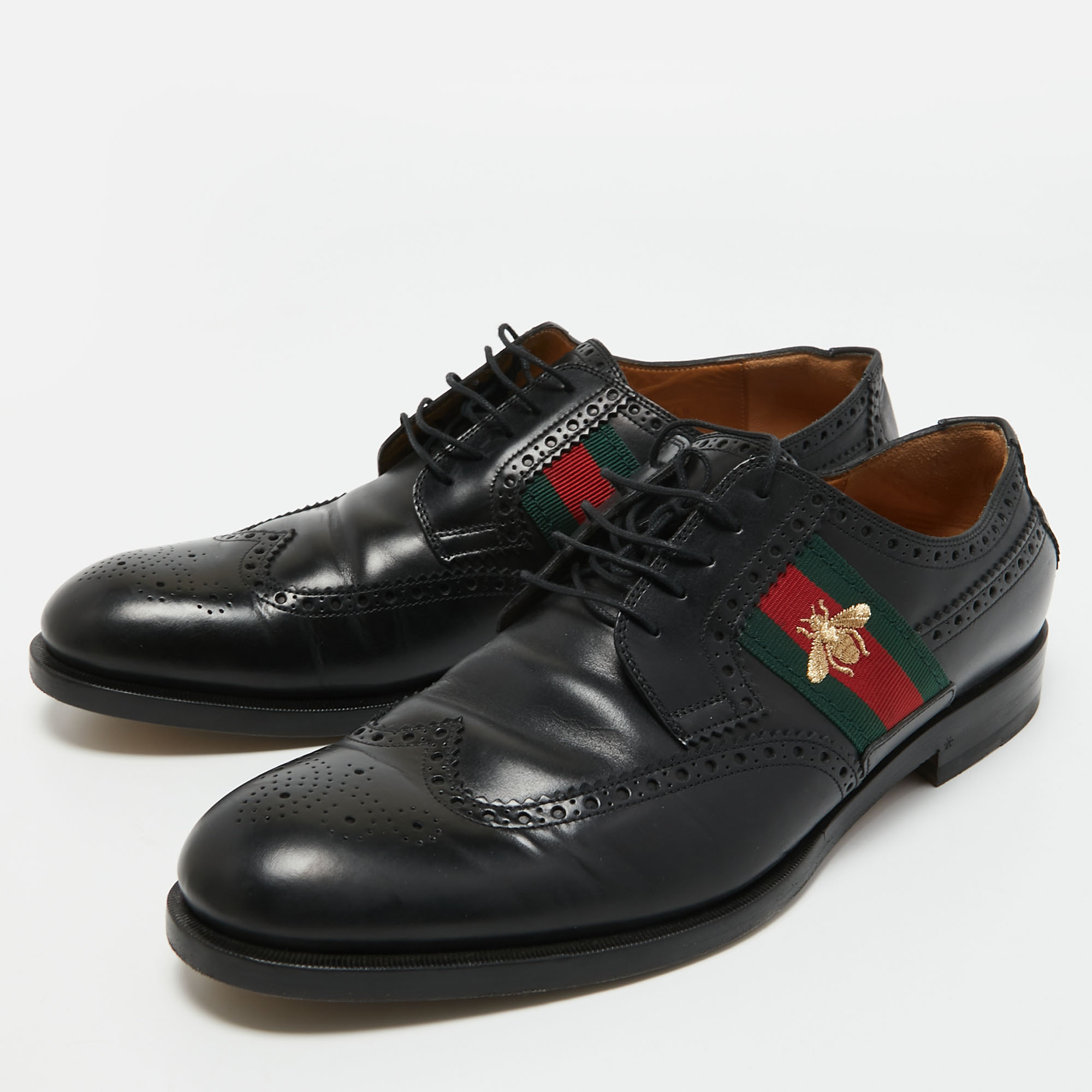 

Gucci Black Brogue Leather Bee Web Detail Lace Up Oxfords Size