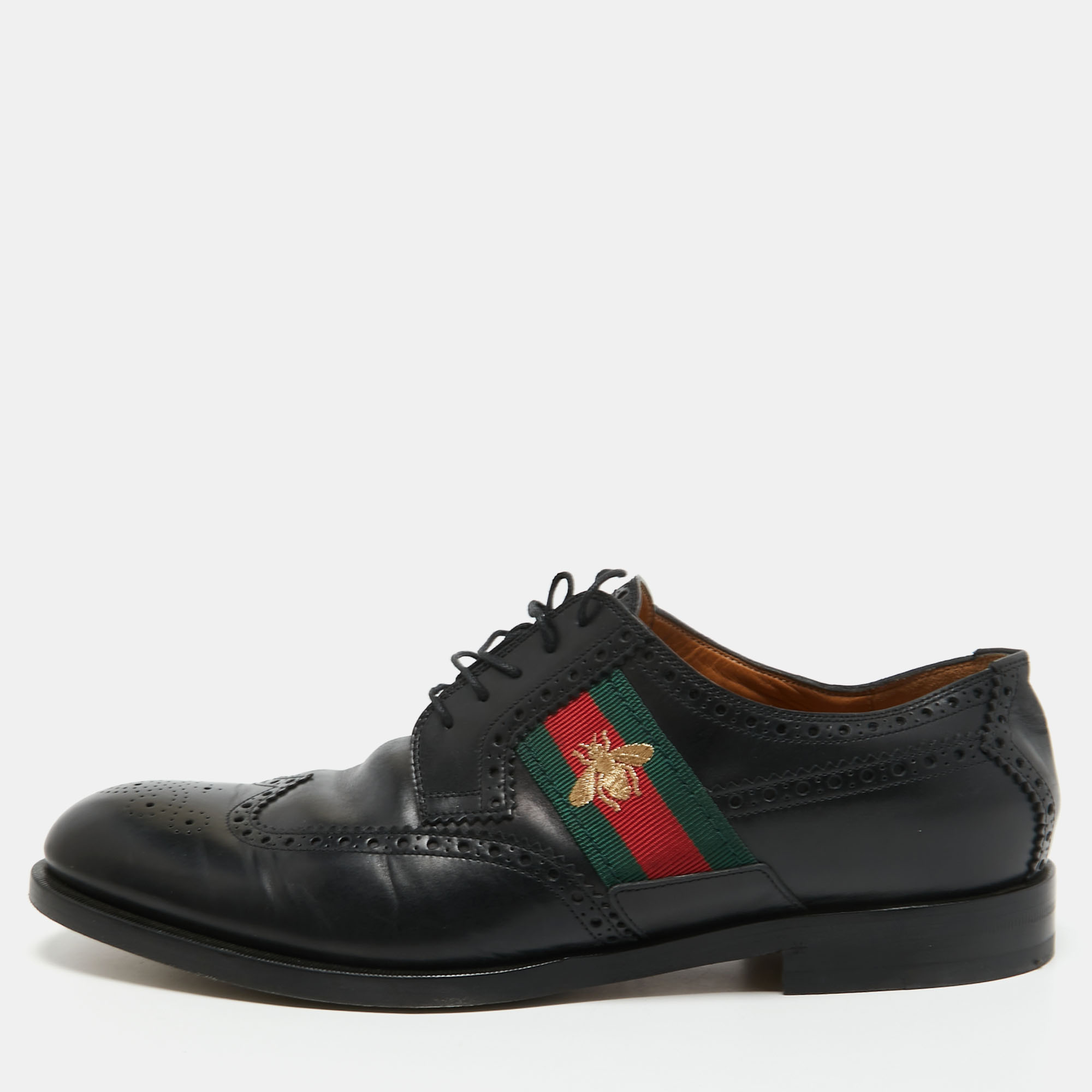 Pre-owned Gucci Black Brogue Leather Bee Web Detail Lace Up Oxfords Size 46.5