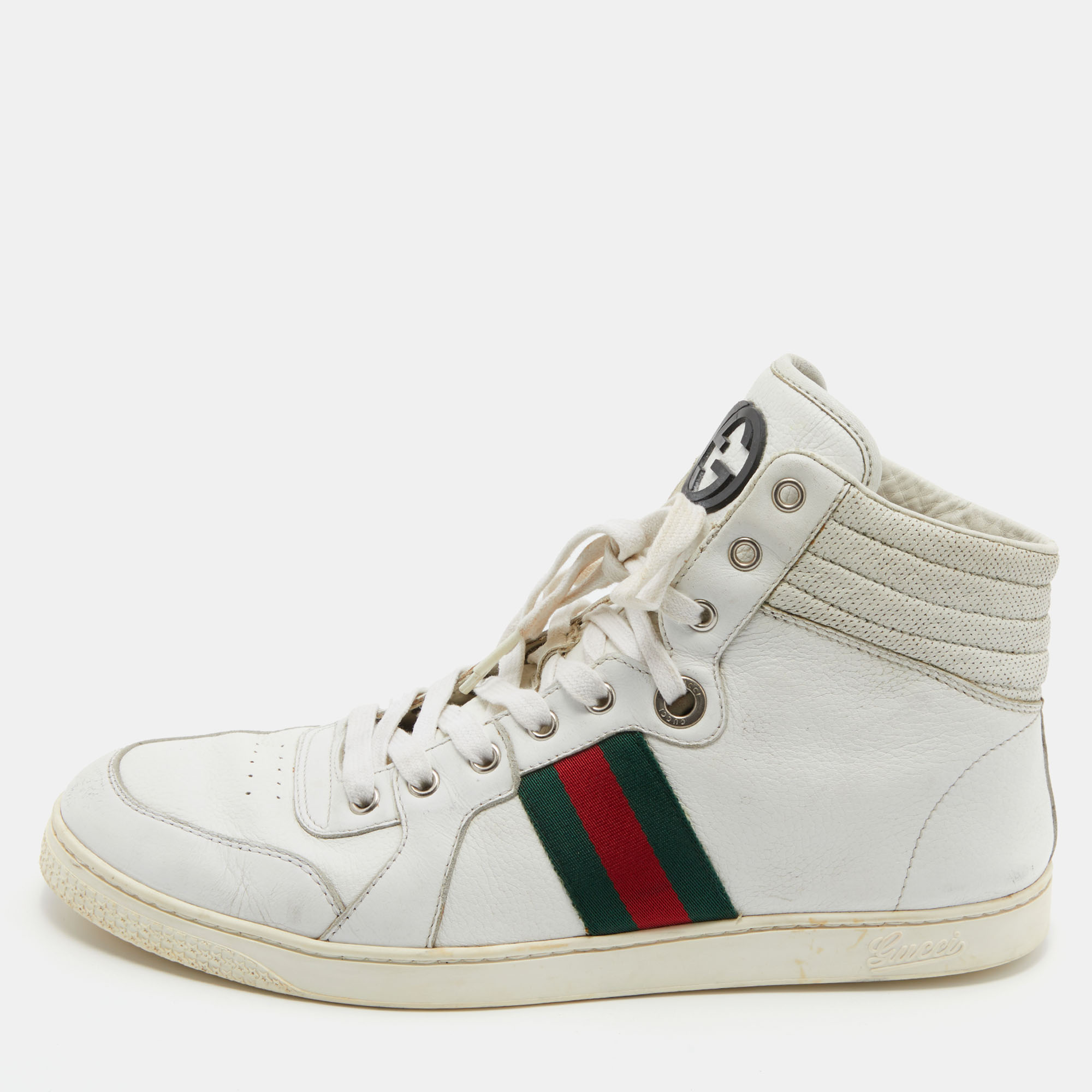 Pre-owned Gucci White Leather Web Detail High Top Trainers Size 44.5 In Brown