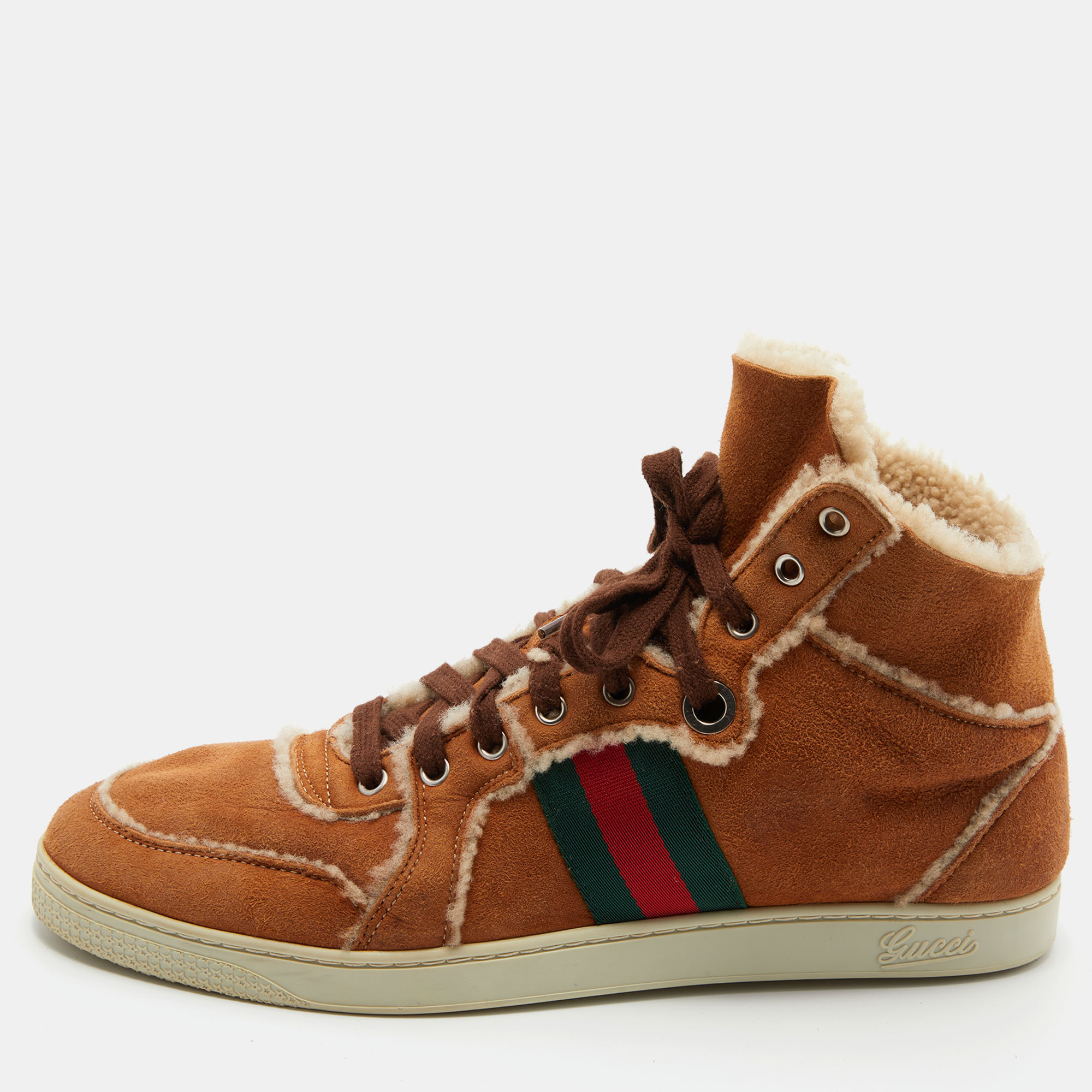 Pre-owned Gucci Brown Suede And Shearking Web Lace Up High Top Sneakers Size 43.5