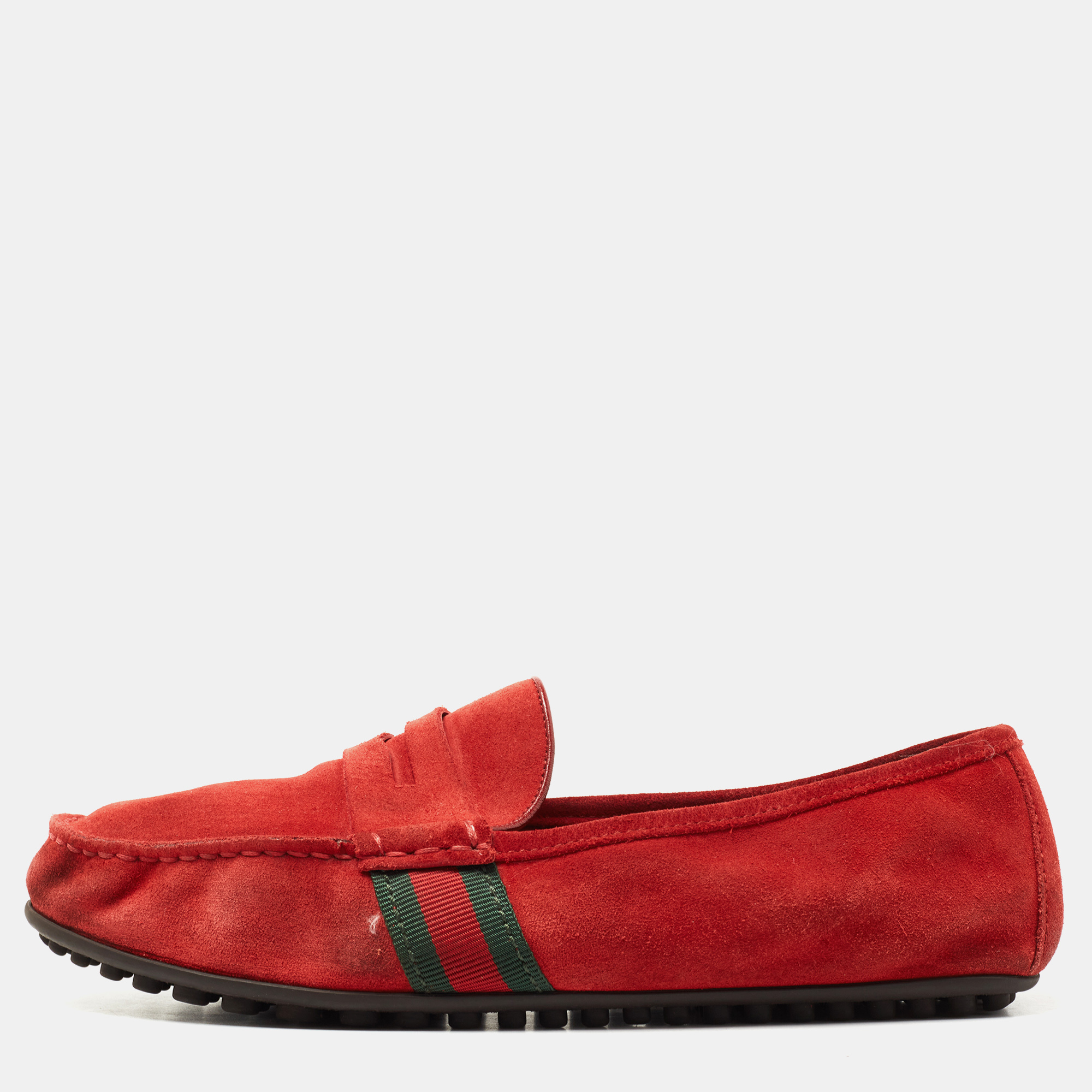 Pre-owned Gucci Red Suede Web Trim Penny Loafers Size 40.5