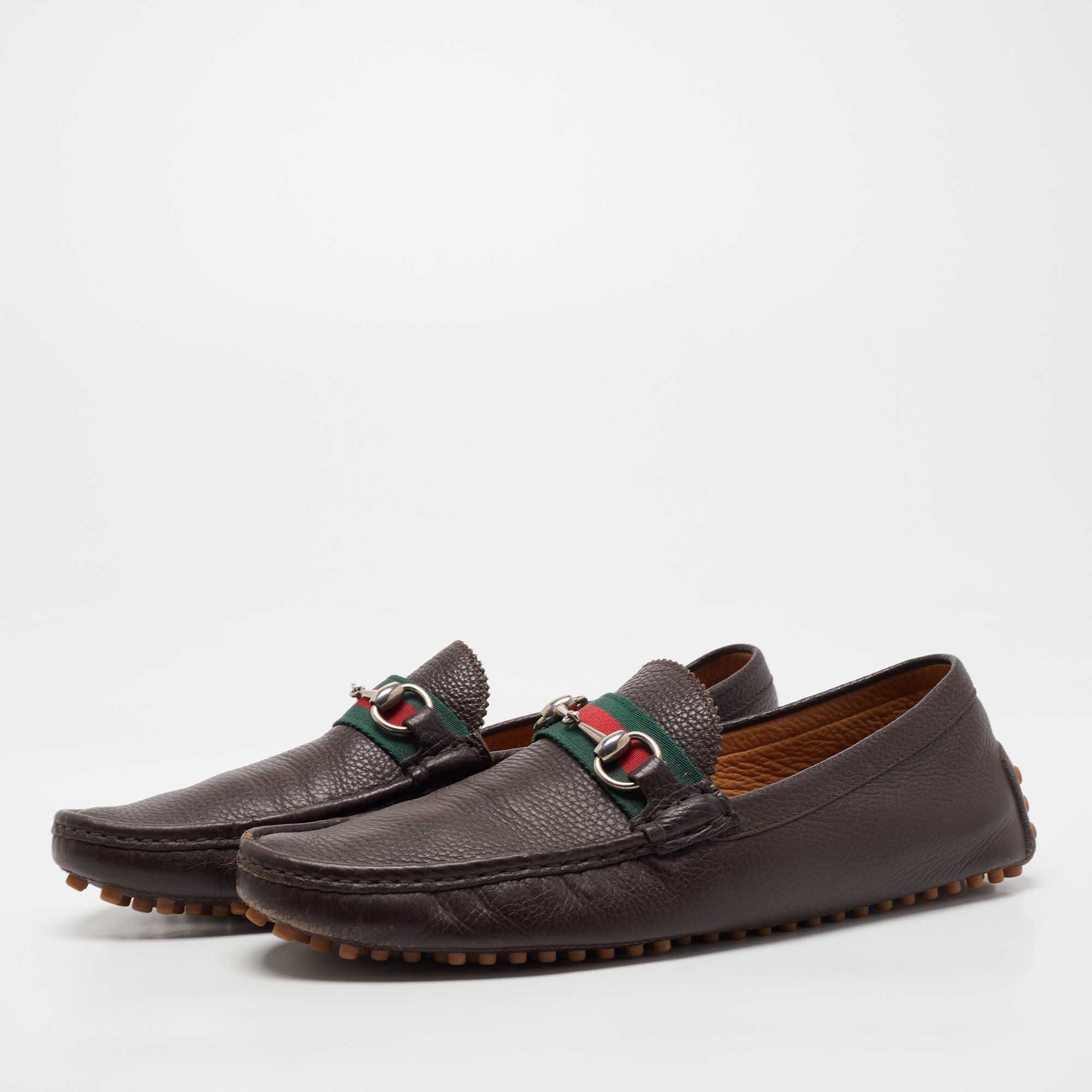 

Gucci Dark Brown Leather Web Horsebit Loafers Size