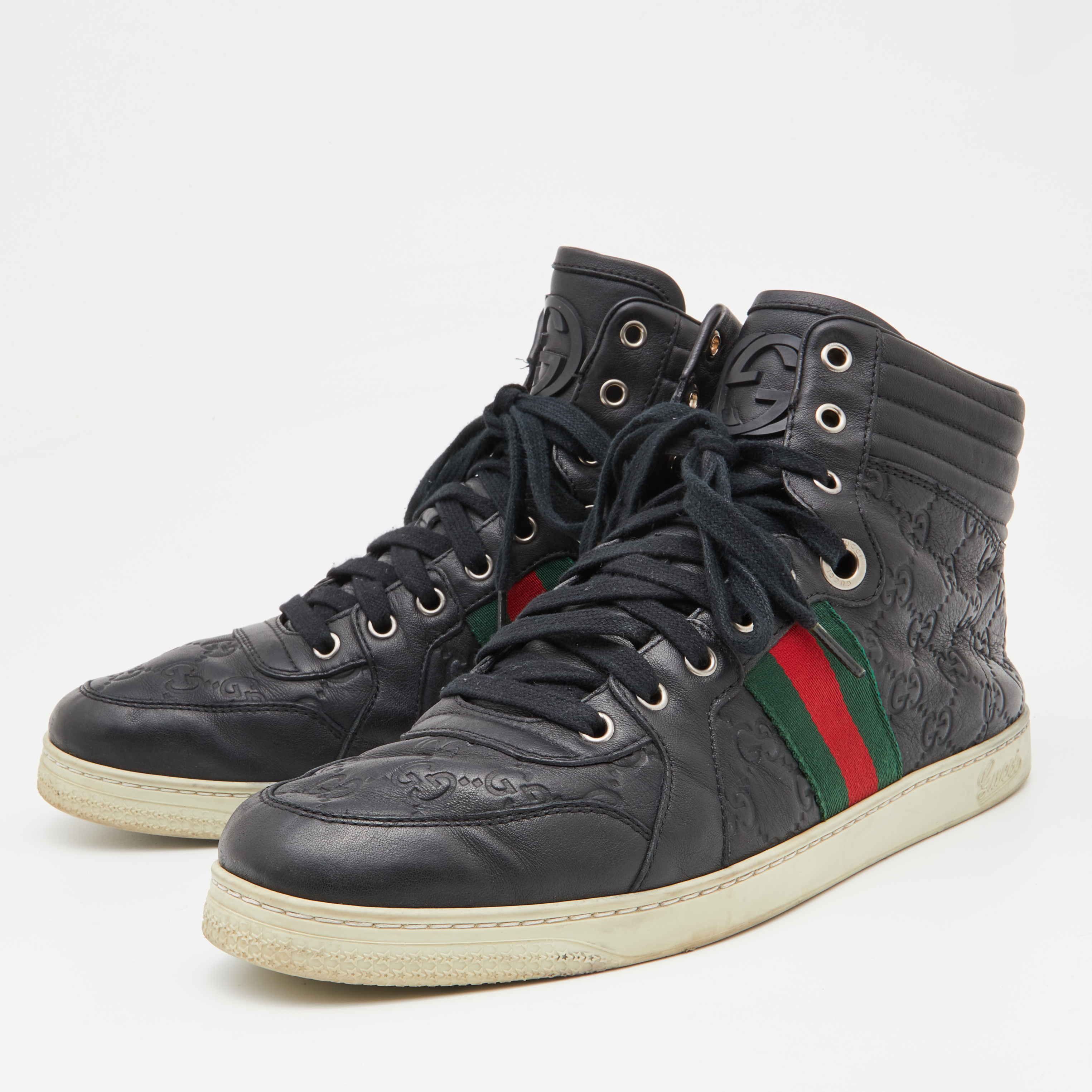 

Gucci Black Guccissima Leather Web Detail High Top Sneakers Size