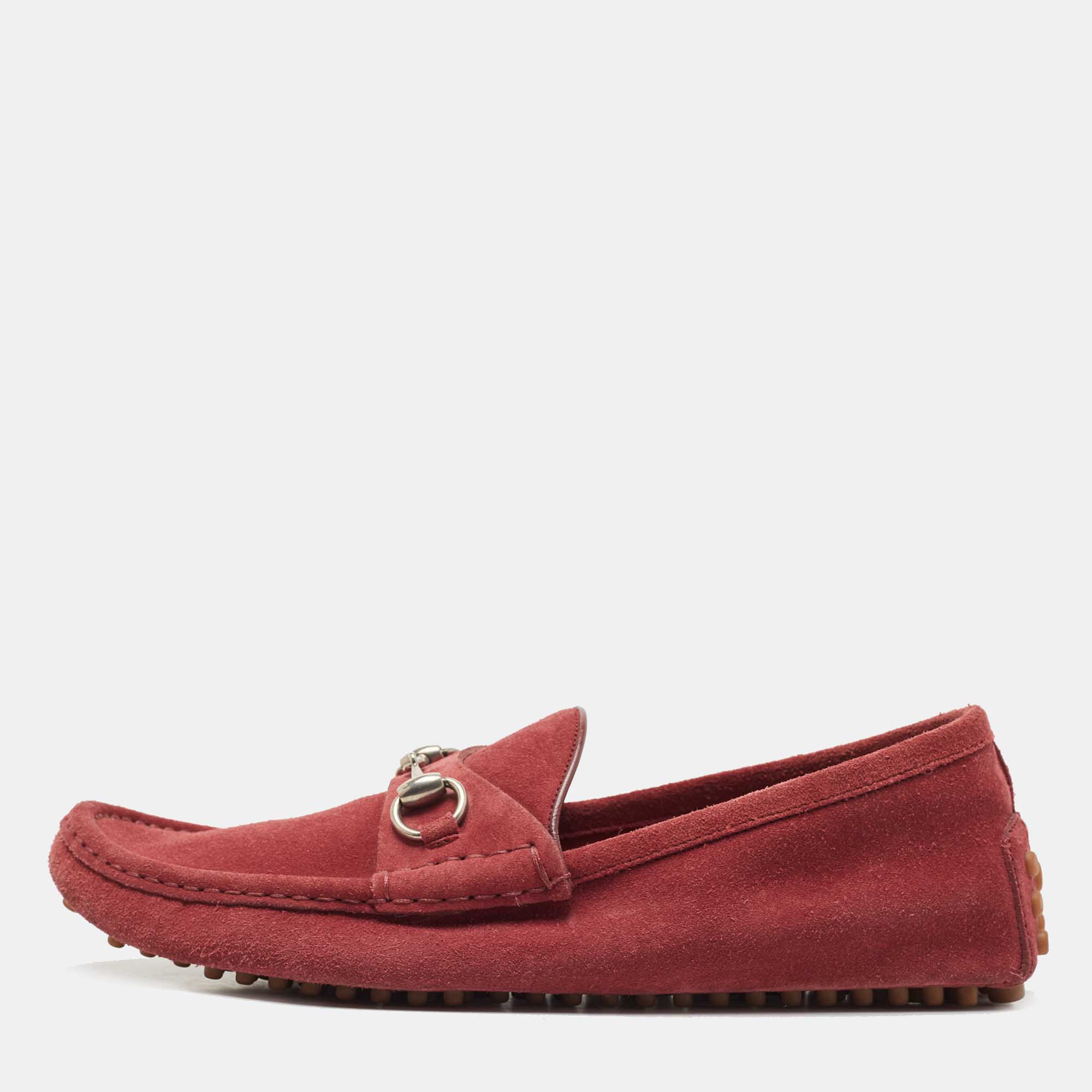 Pre-owned Gucci Red Suede Horsebit Slip On Loafers Size 42