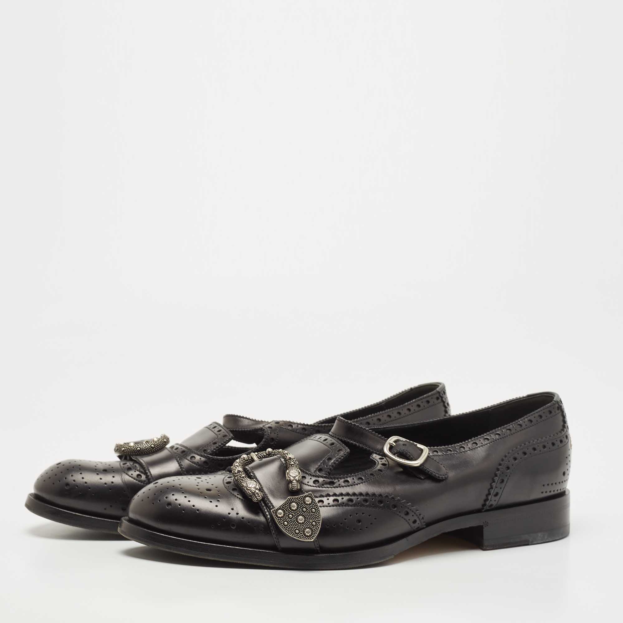 

Gucci Black Leather Dionysus Bee Brogue Buckle Details Loafers Size