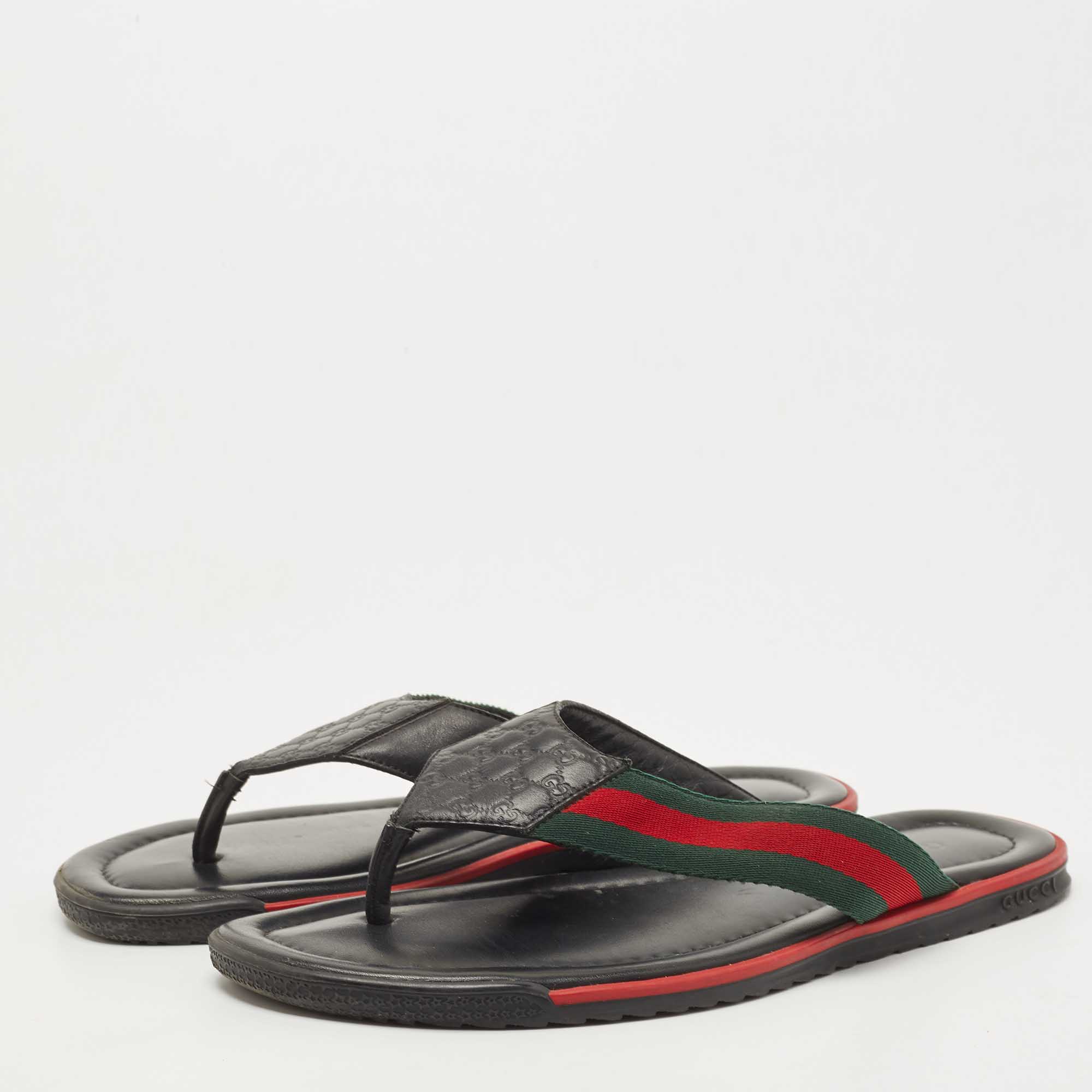 

Gucci Black Leather Web Thong Sandals Size