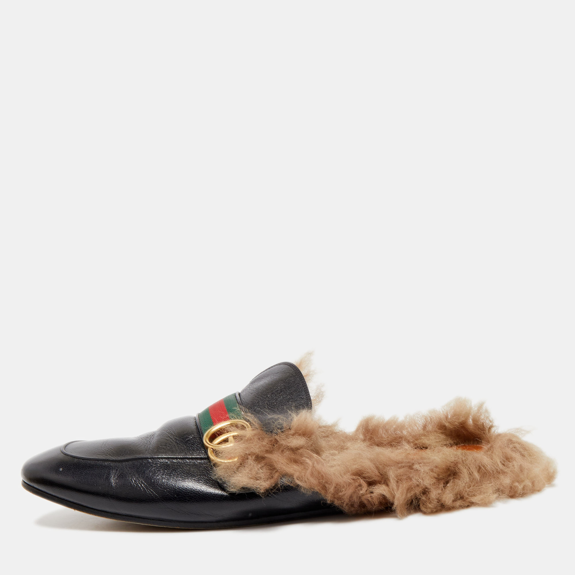 Pre-owned Gucci Black Leather And Fur Lined Gg Web Princetown Mules Size 46