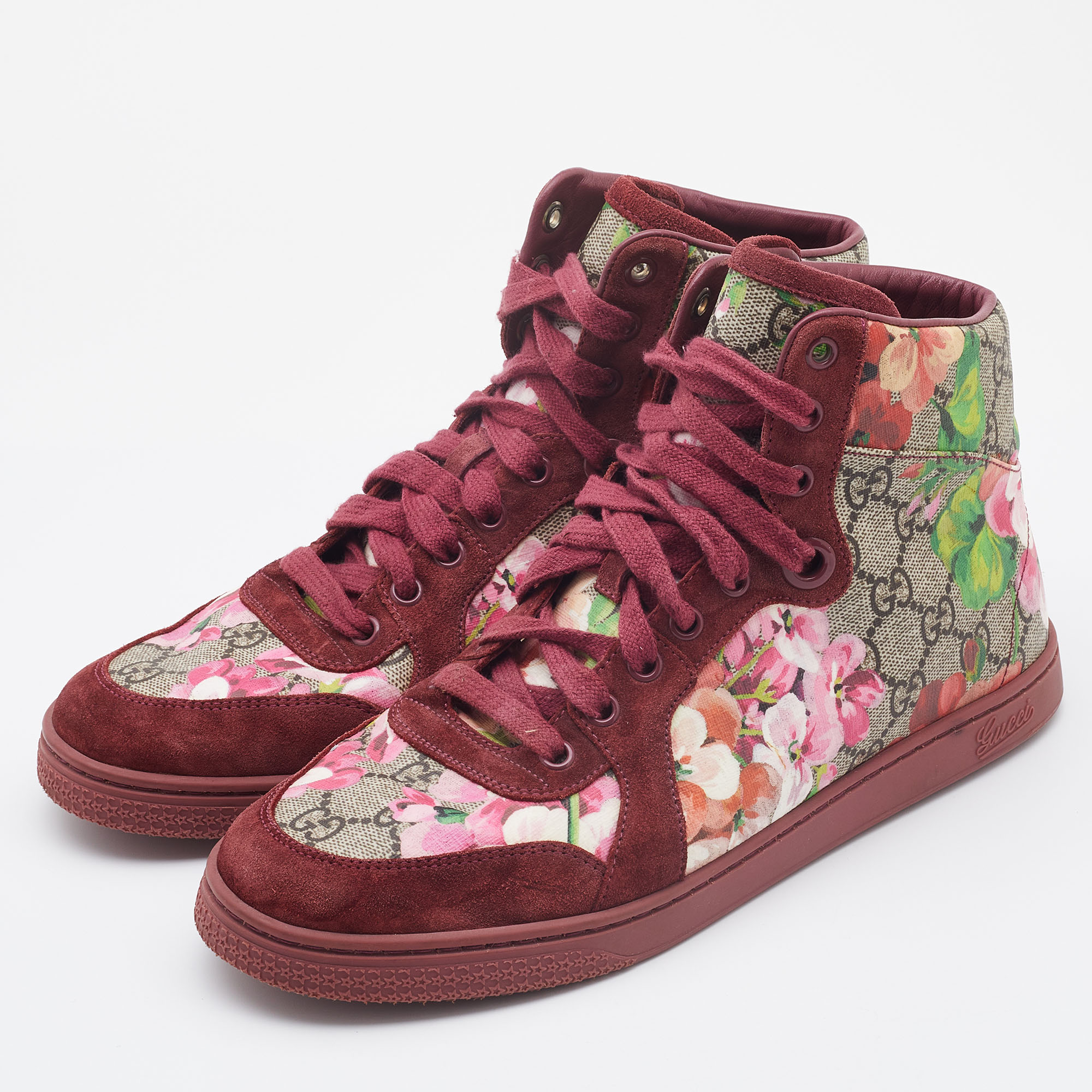 

Gucci Beige/Pink Bloom GG Supreme Canvas and Suede High Top Sneakers Size, Multicolor