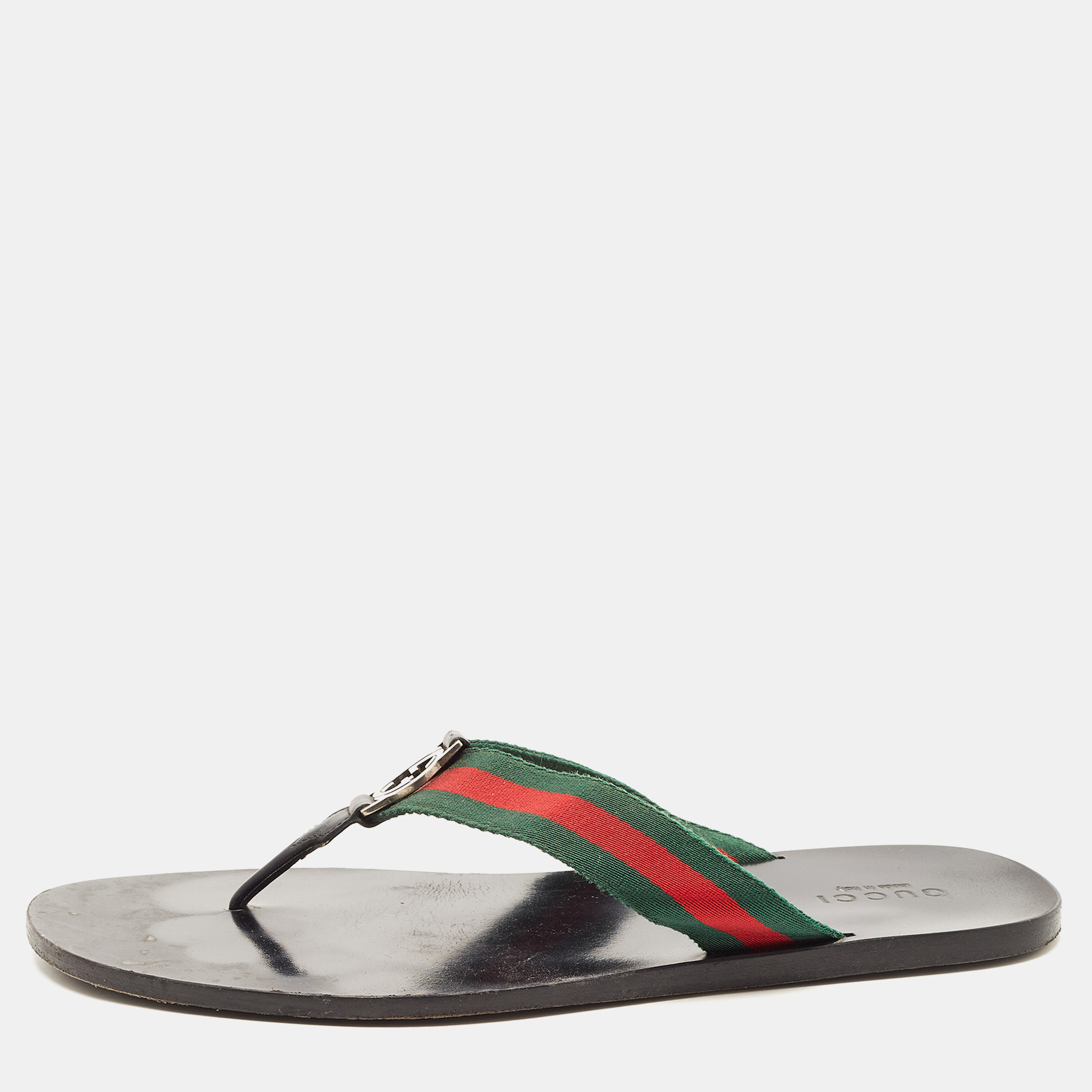 Pre-owned Gucci Tricolor Leather And Canvas Web Interlocking G Thong Slides Size 47 In Black