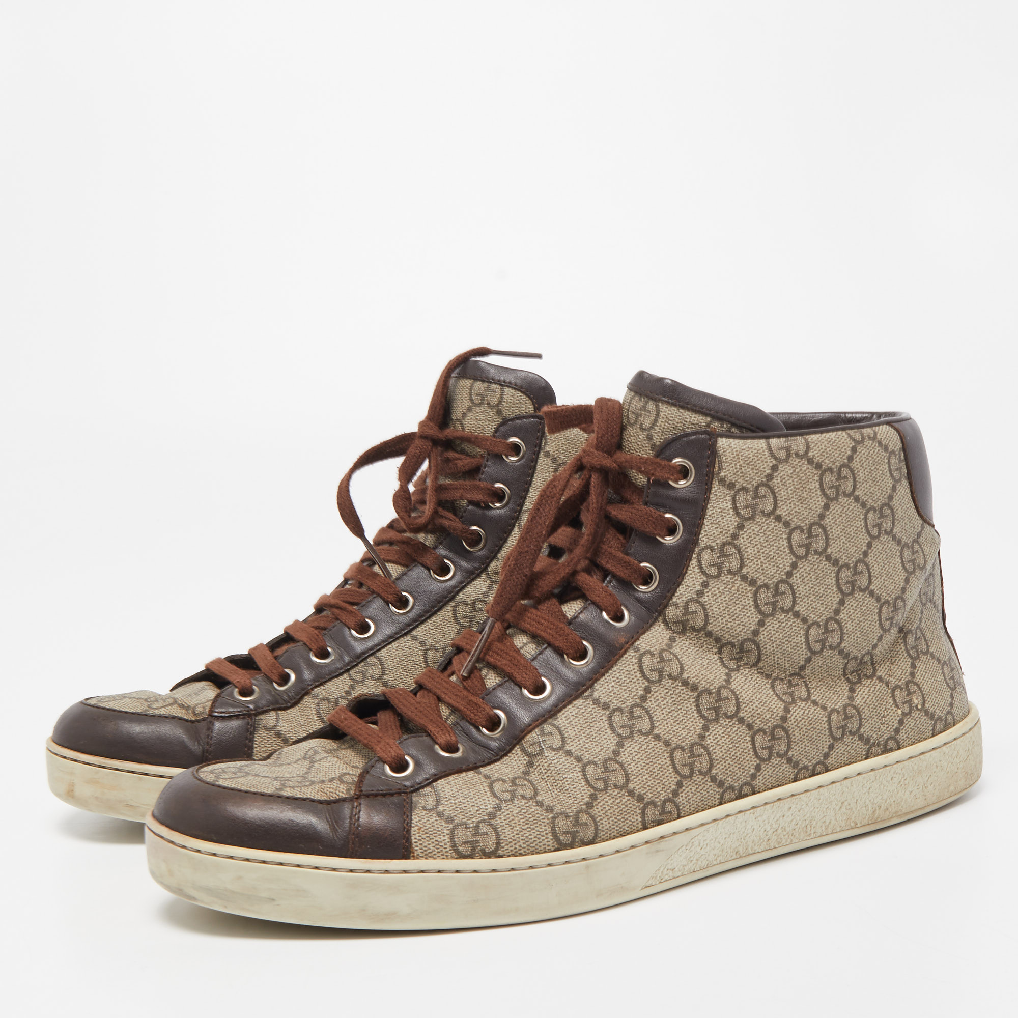 

Gucci Brown/Beige GG Supreme Canvas and Leather High Top Sneakers Size