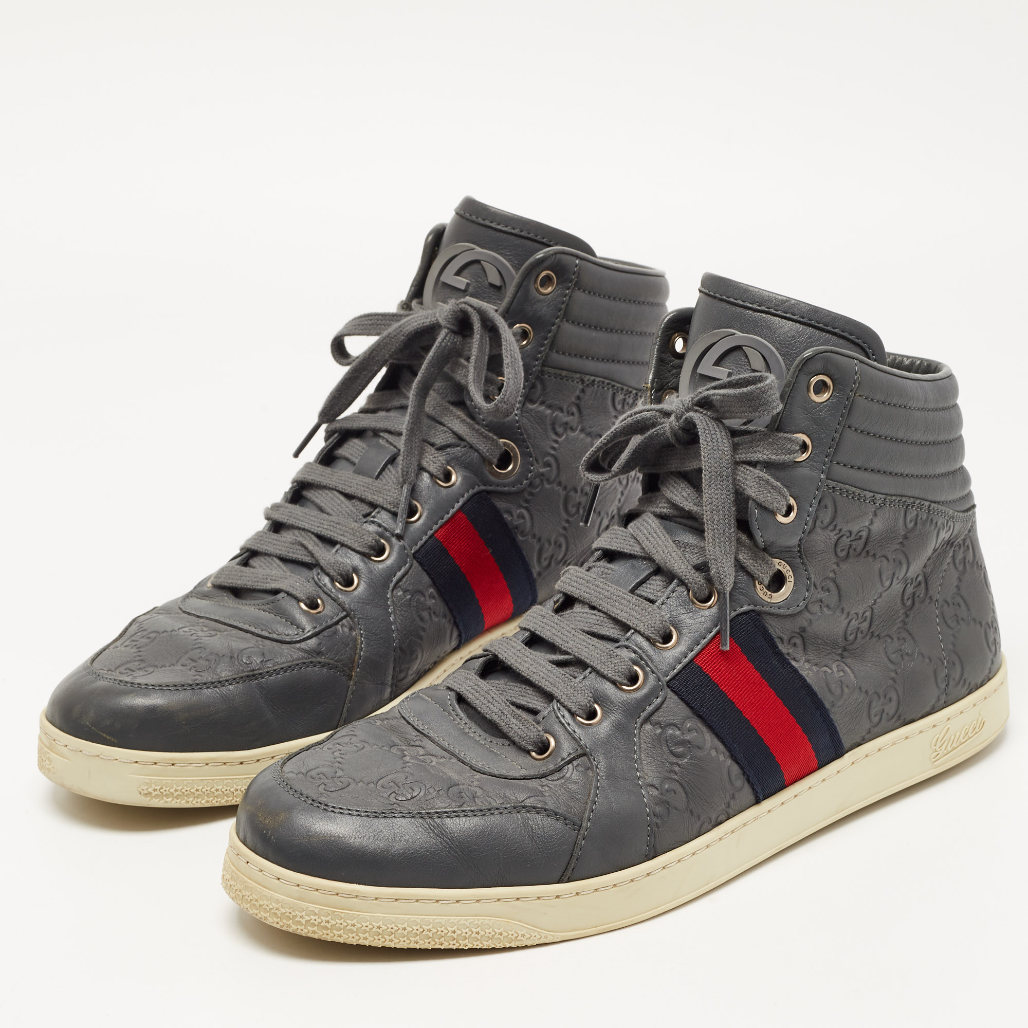 

Gucci Grey Guccissima Leather Web High Top Sneakers Size