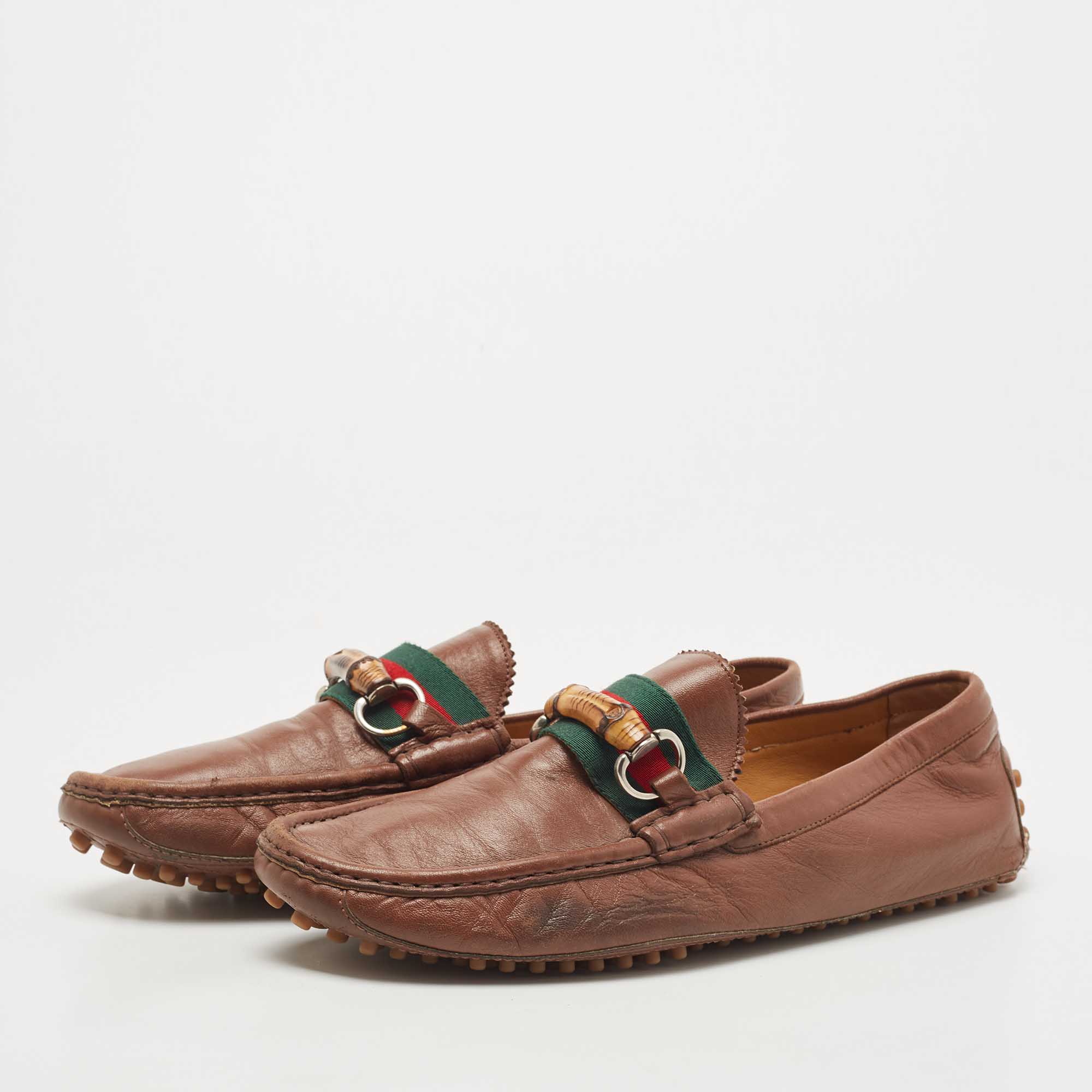 

Gucci Brown Leather Bamboo Horsebit Web Detail Loafers Size