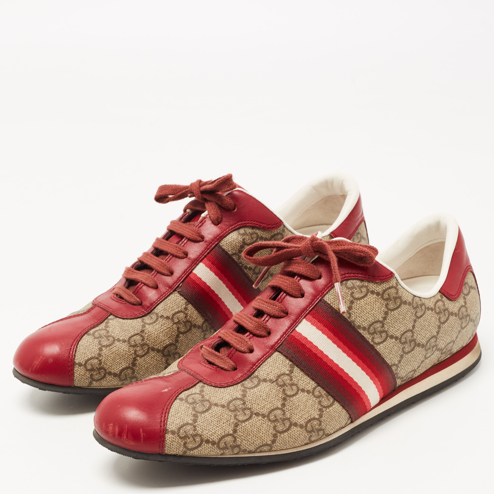 

Gucci Red/Beige GG Canvas and Leather Web Low Top Sneakers Size