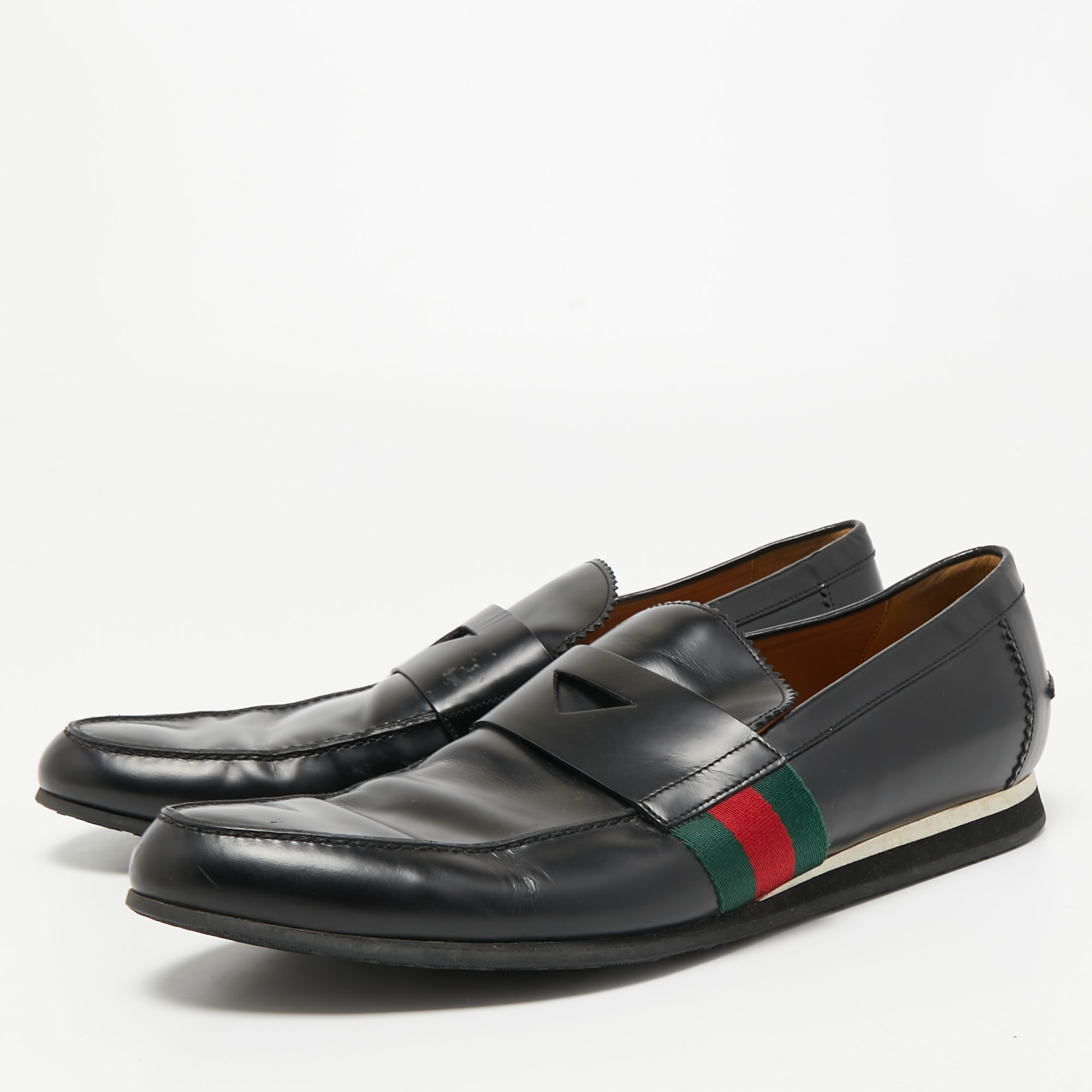 

Gucci Black Leather Web Slip On Loafers Size