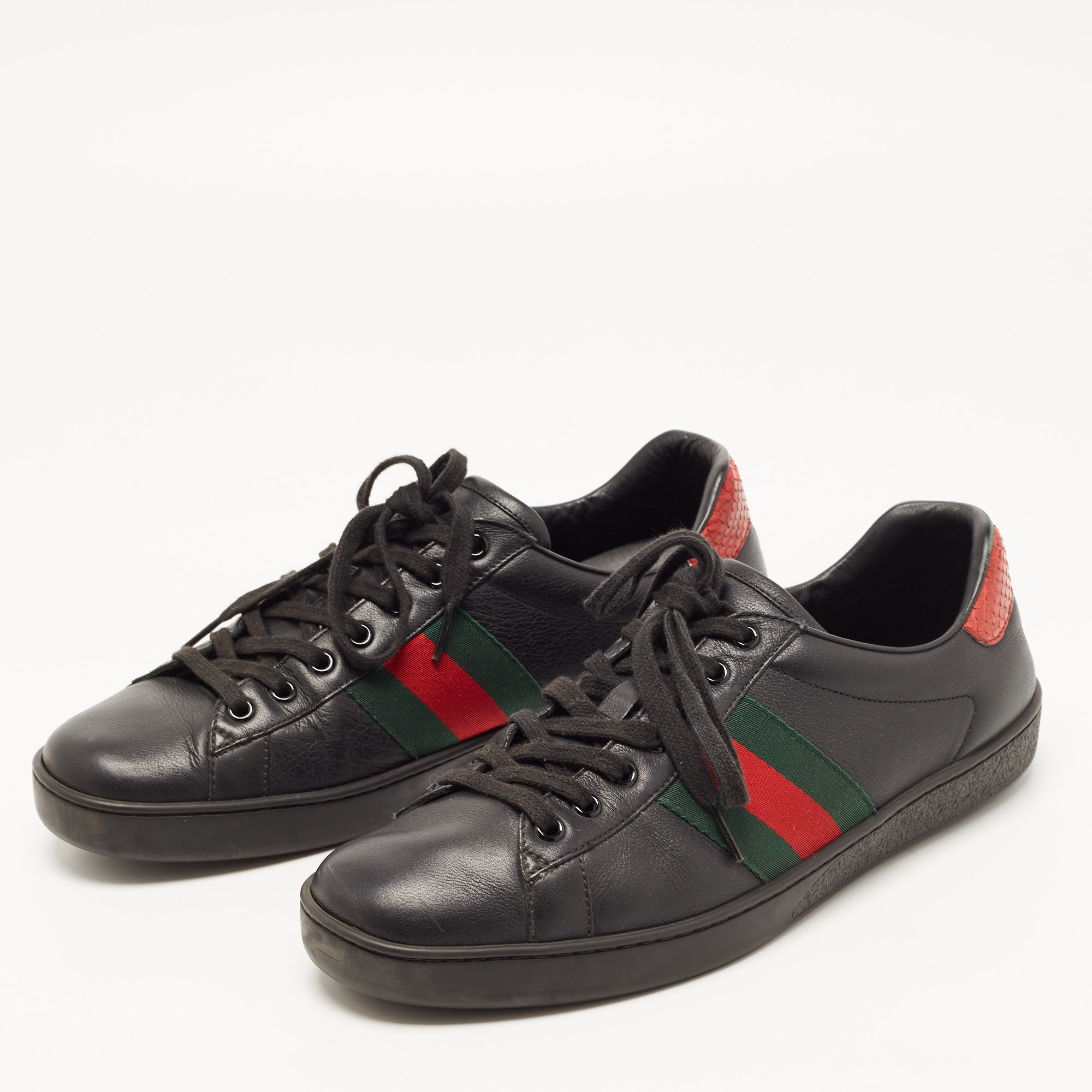 

Gucci Black Leather Ace Web Low Top Sneakers Size
