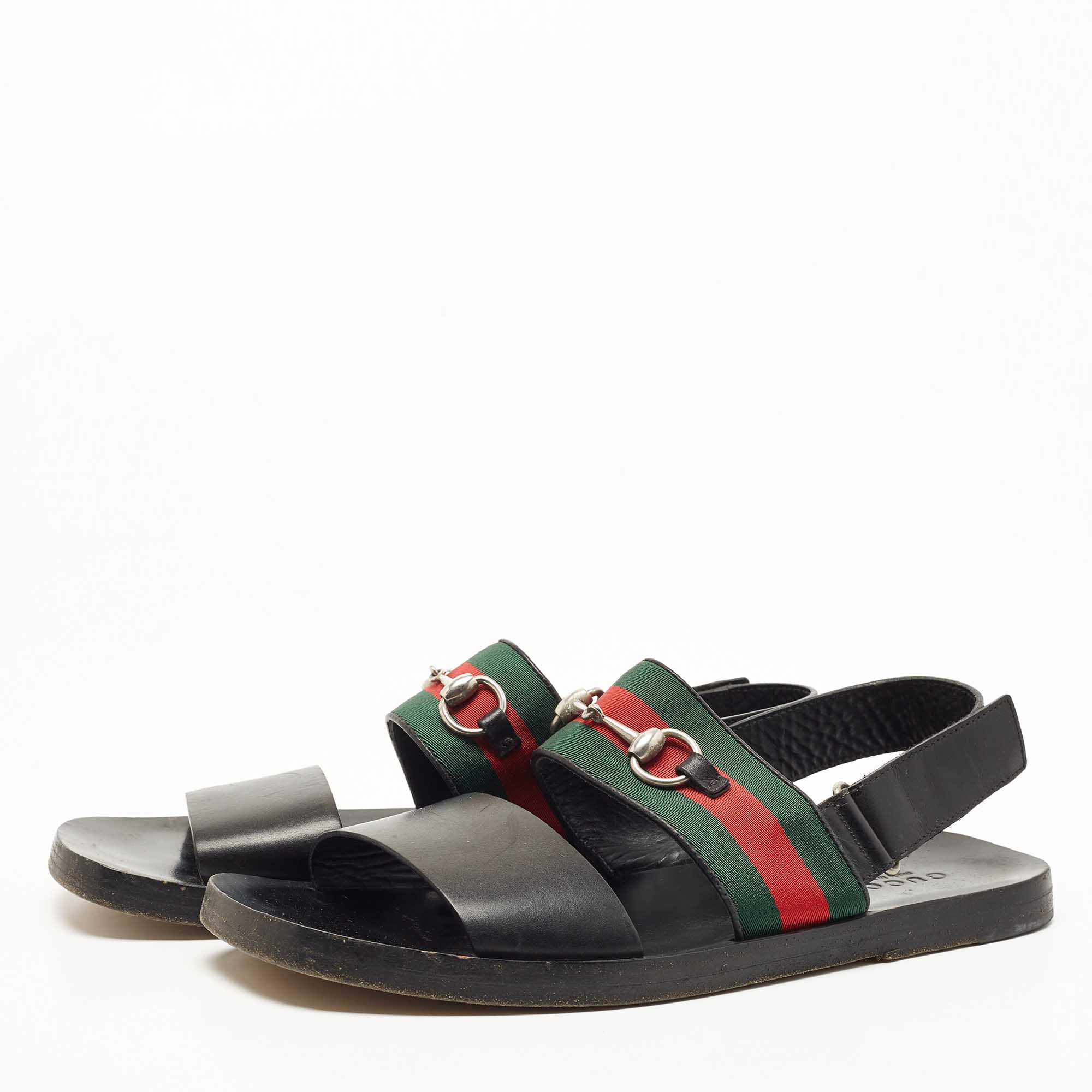 

Gucci Black Leather and Canvas Horsebit Web Flat Sandals Size