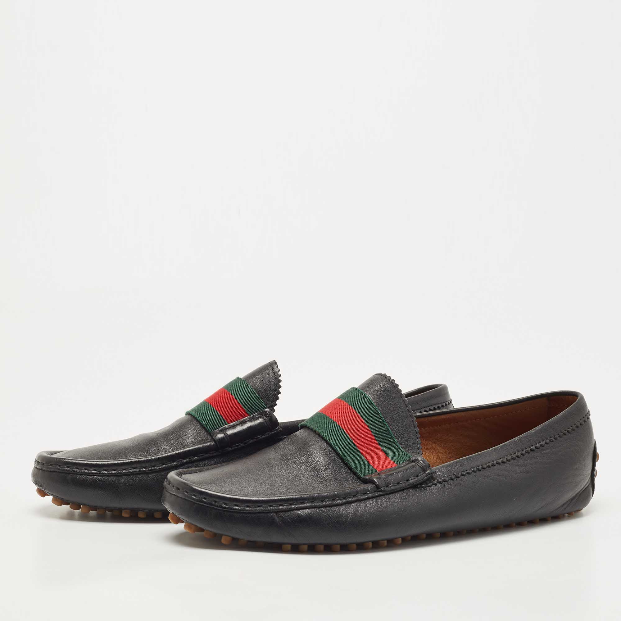 

Gucci Black Leather Web Slip On Loafers Size