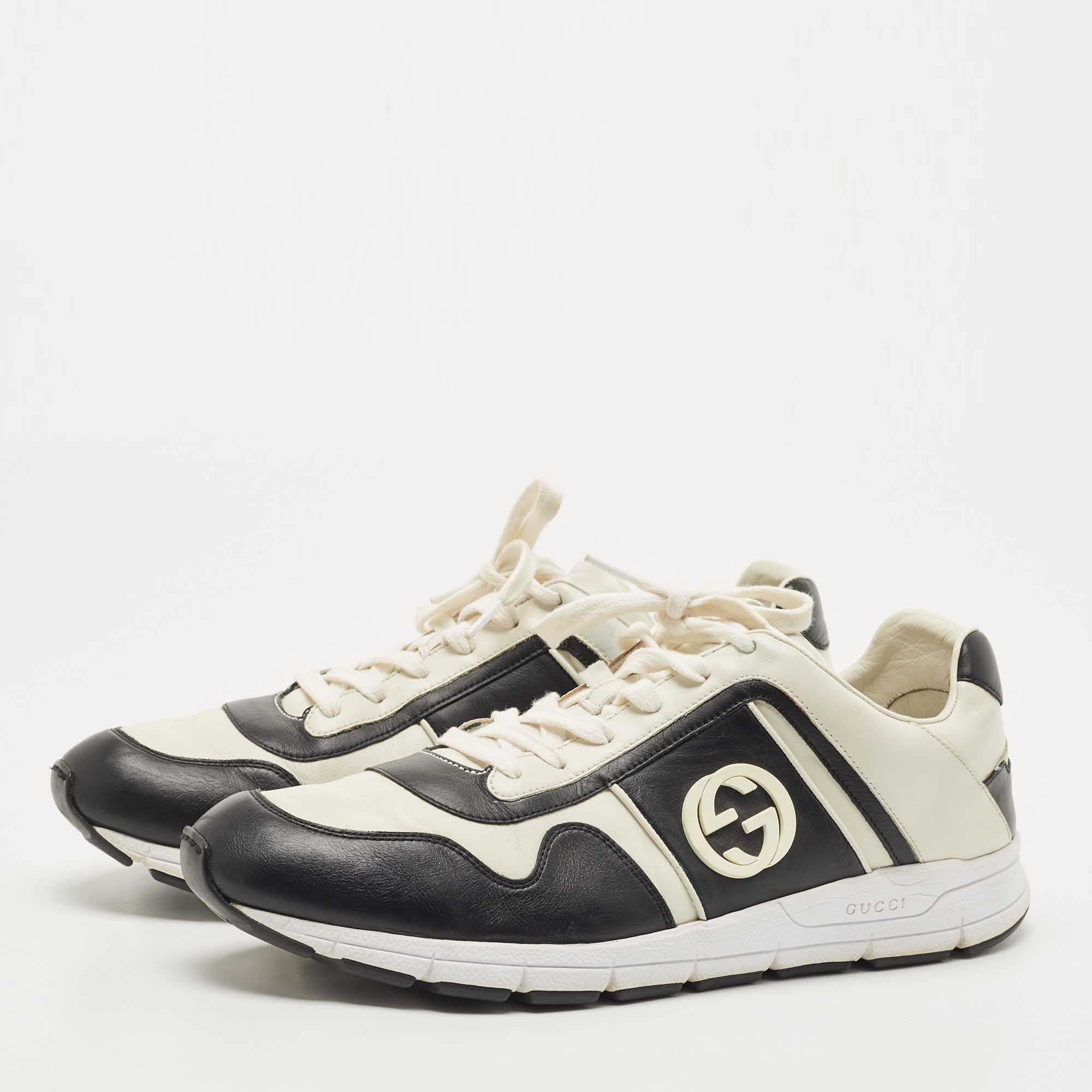 

Gucci Whte/Black Leather Interlocking G Logo Low Top Sneakers Size, White