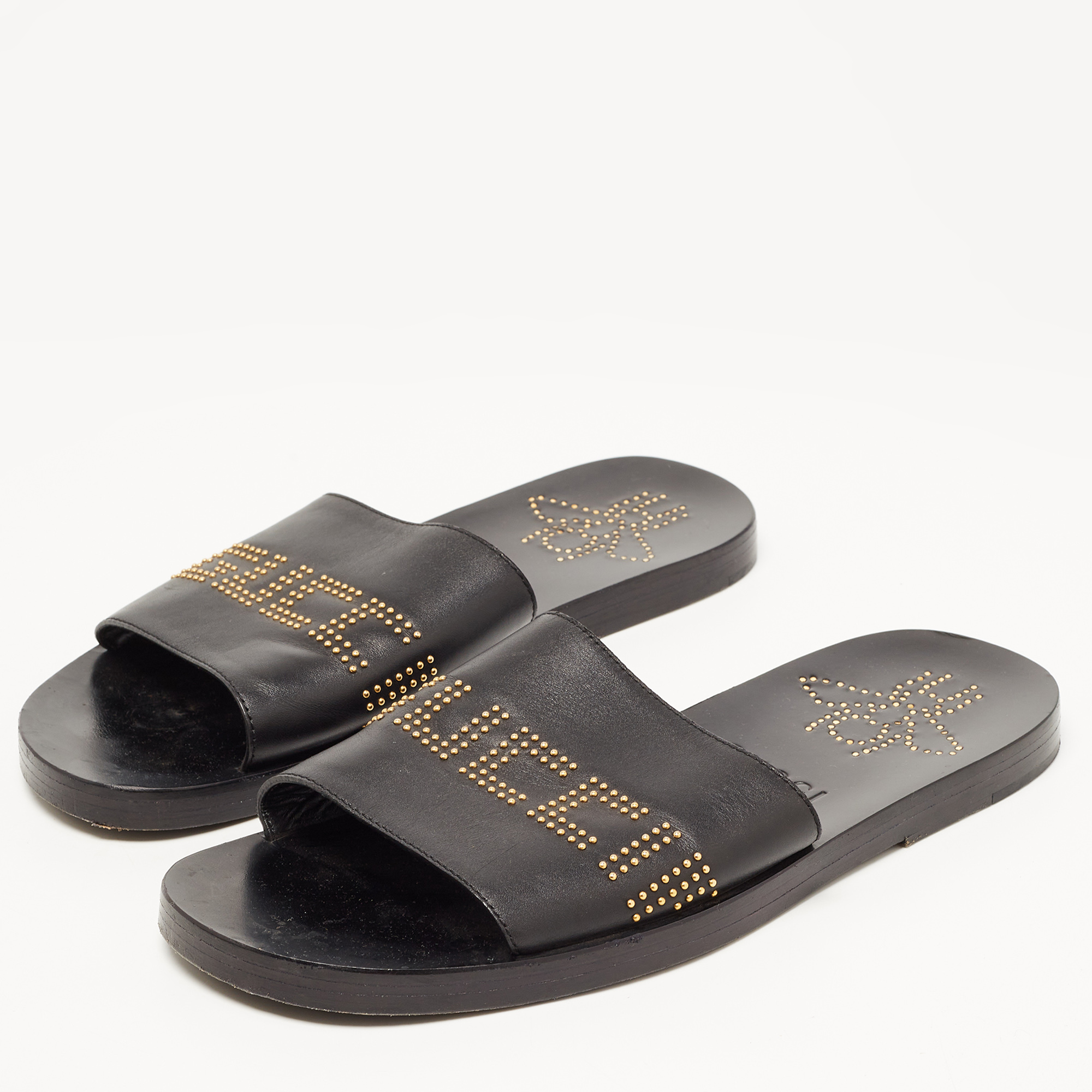 

Gucci Black Leather Studded Bee Logo Slides Size