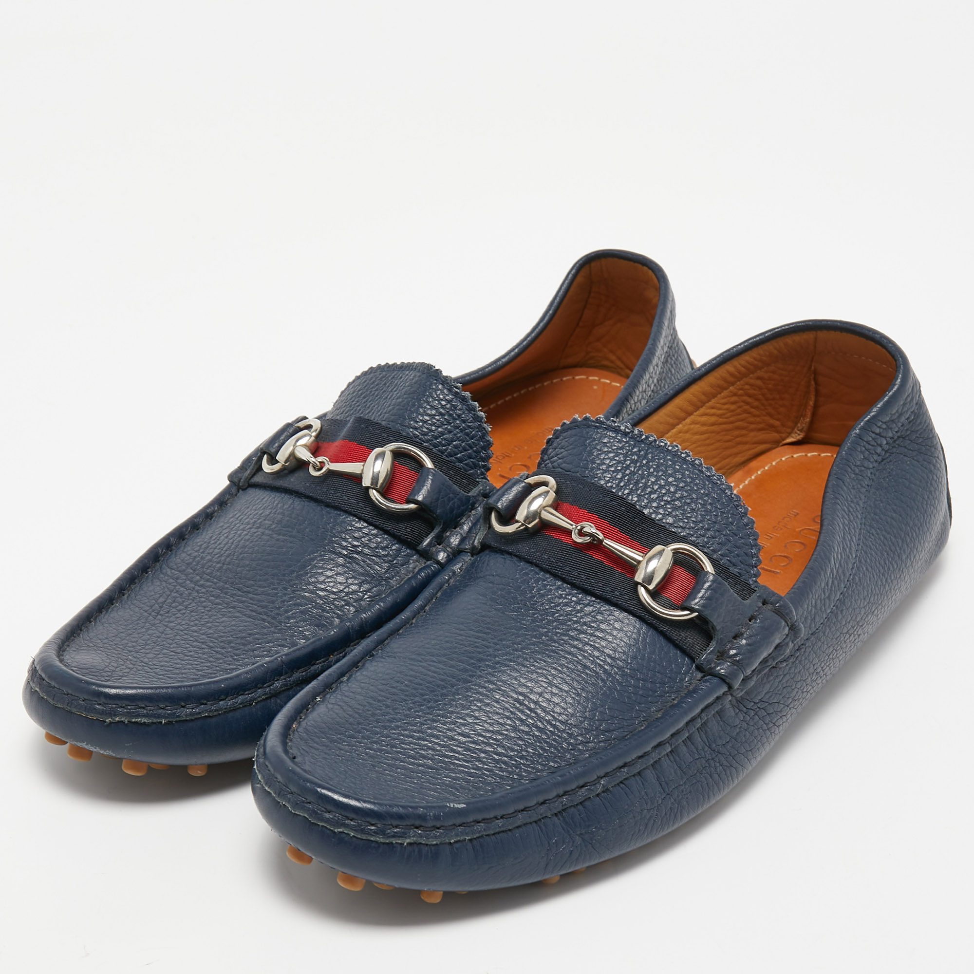 

Gucci Navy Blue Leather Horsebit Slip On Loafers Size