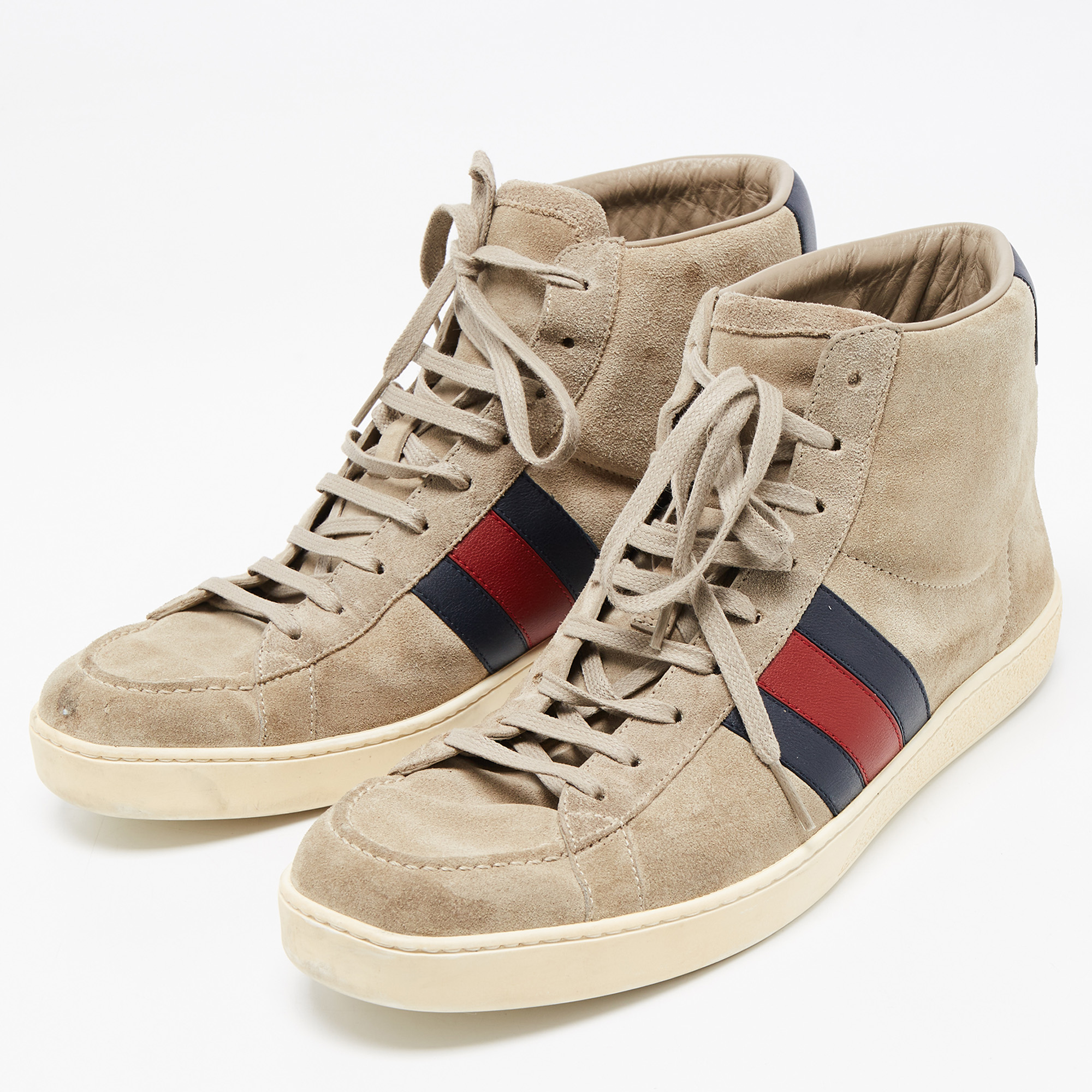 

Gucci Grey Suede Web Detail High Top Sneakers Size