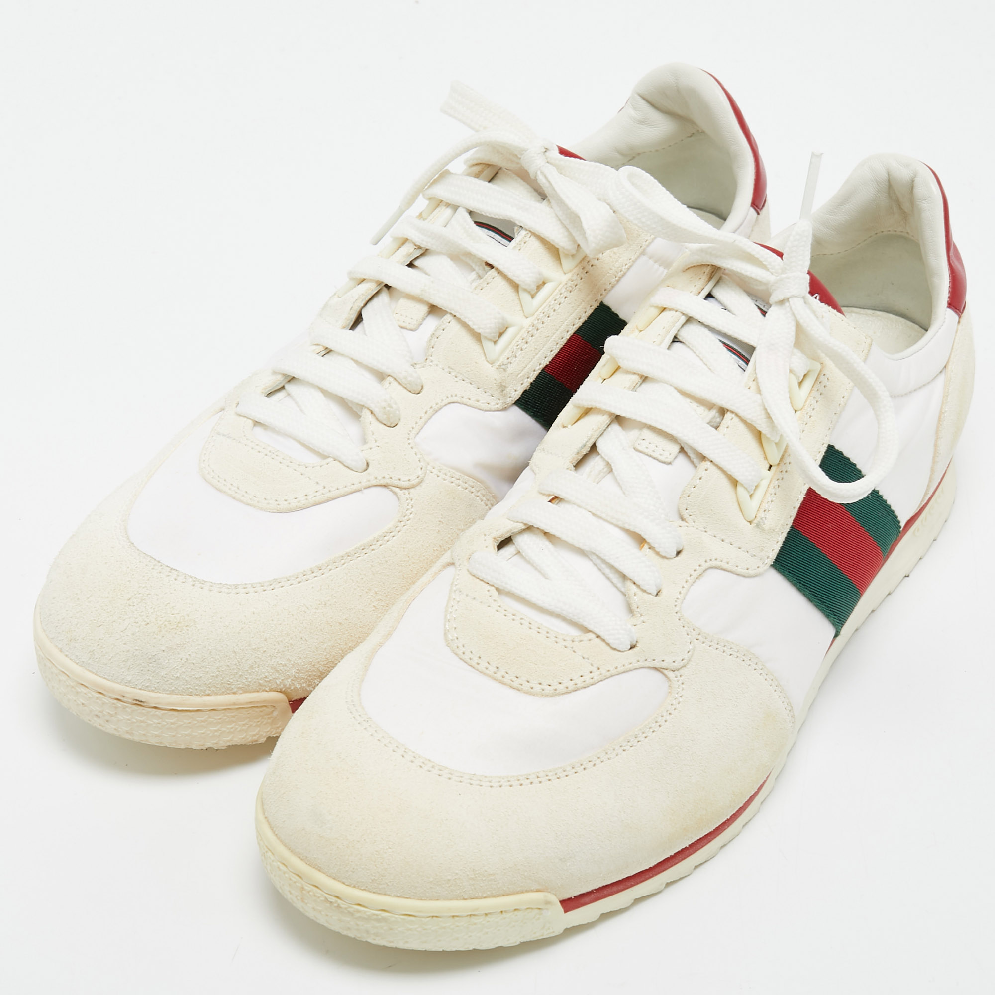 

Gucci White Suede and Fabric Wed Detail Low Top Sneakers Size