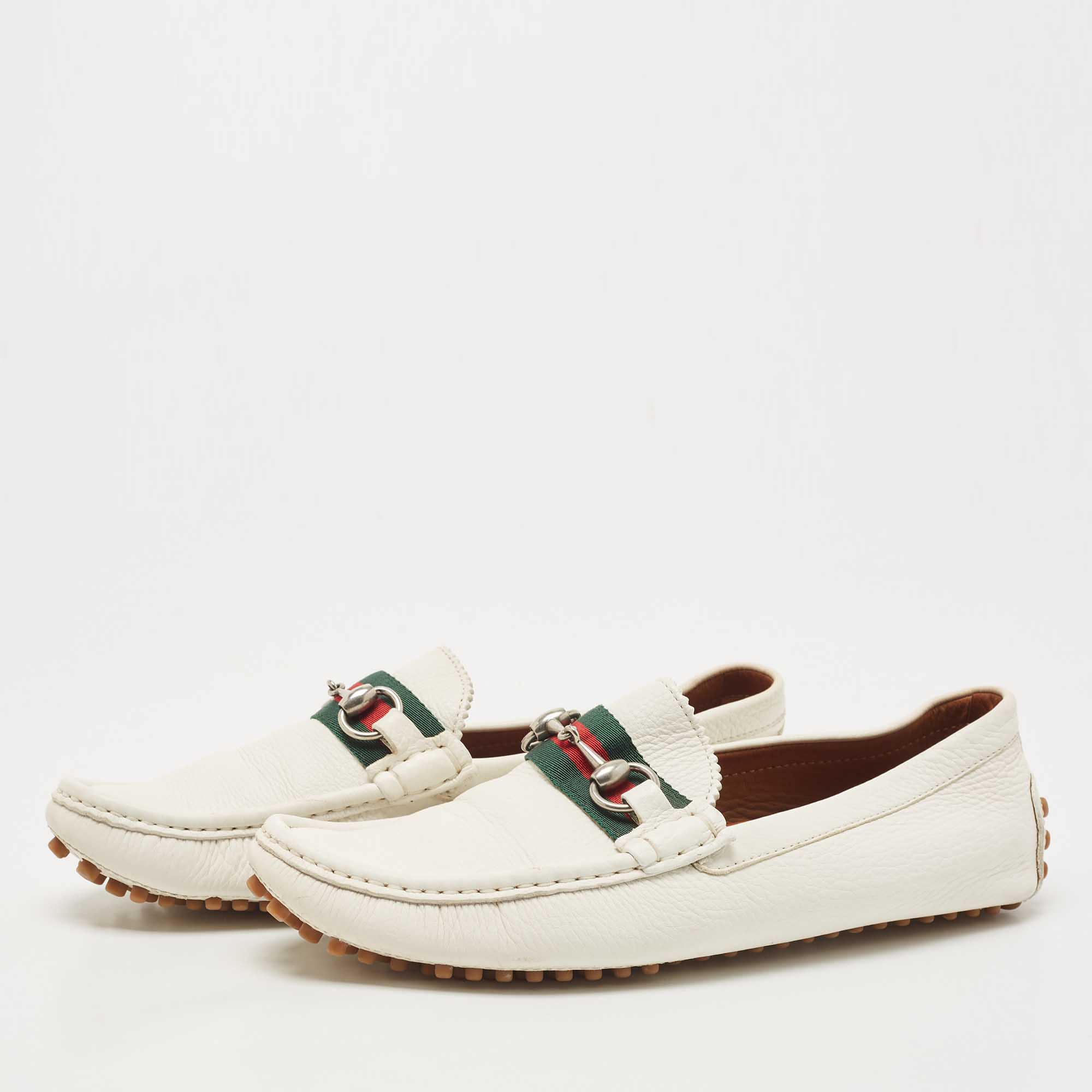 

Gucci White Leather Web Horsebit Loafers Size