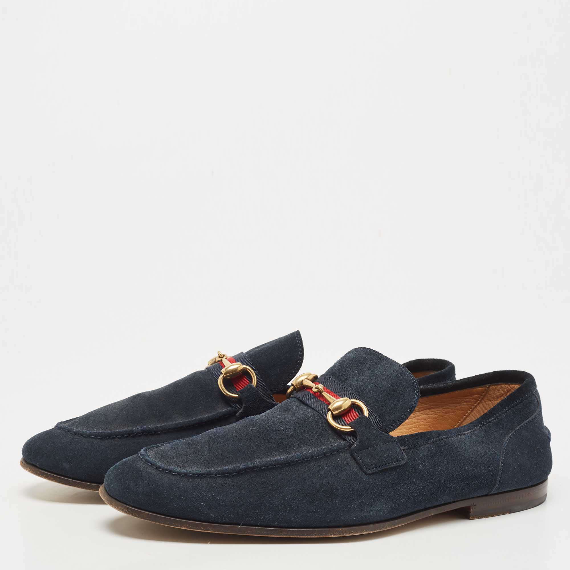 

Gucci Navy Blue Suede Web Horsebit Loafers Size