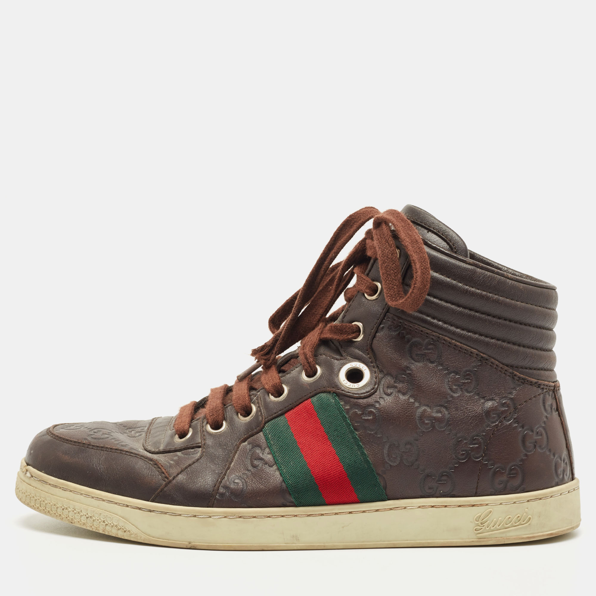 Pre-owned Gucci Ssima Leather Web High Top Sneakers Size 40 In Brown