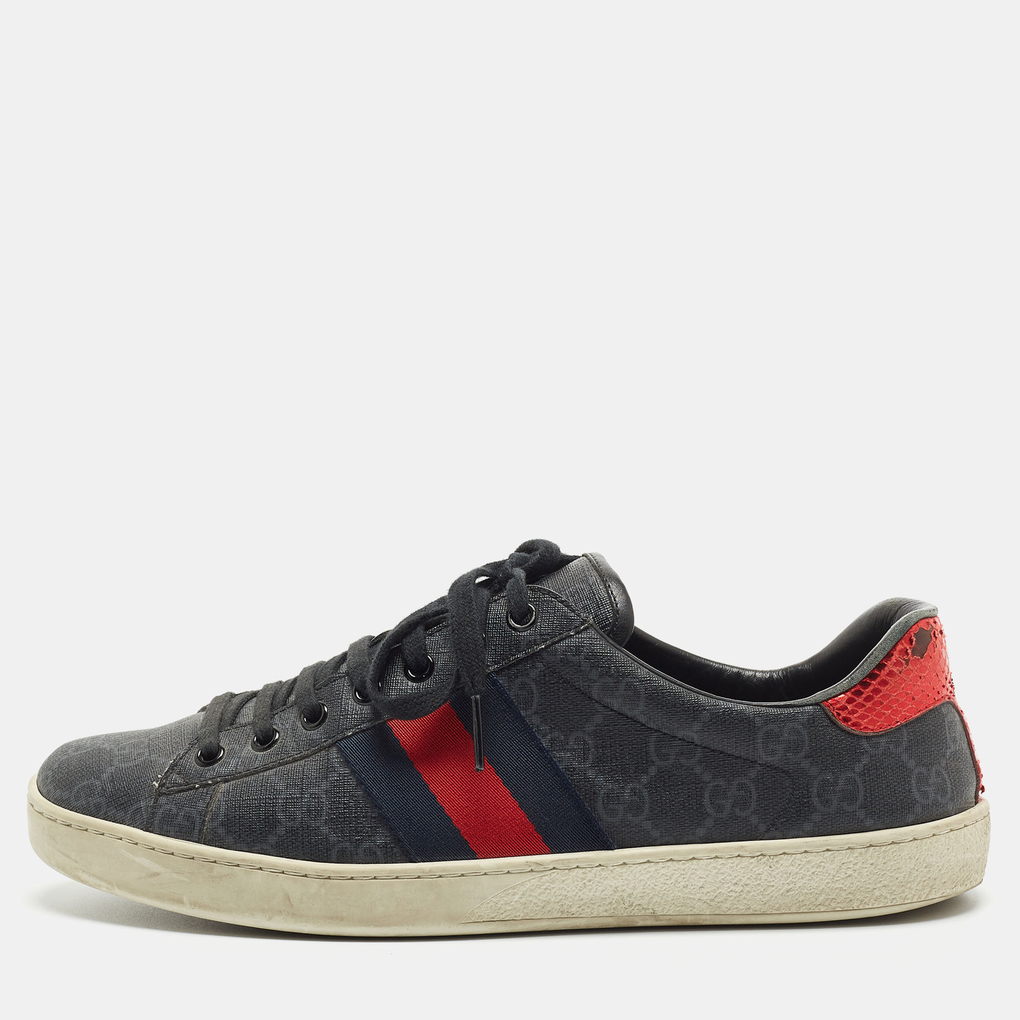 Pre-owned Gucci Black Gg Supreme Canvas Ace Low Top Trainers Size 42