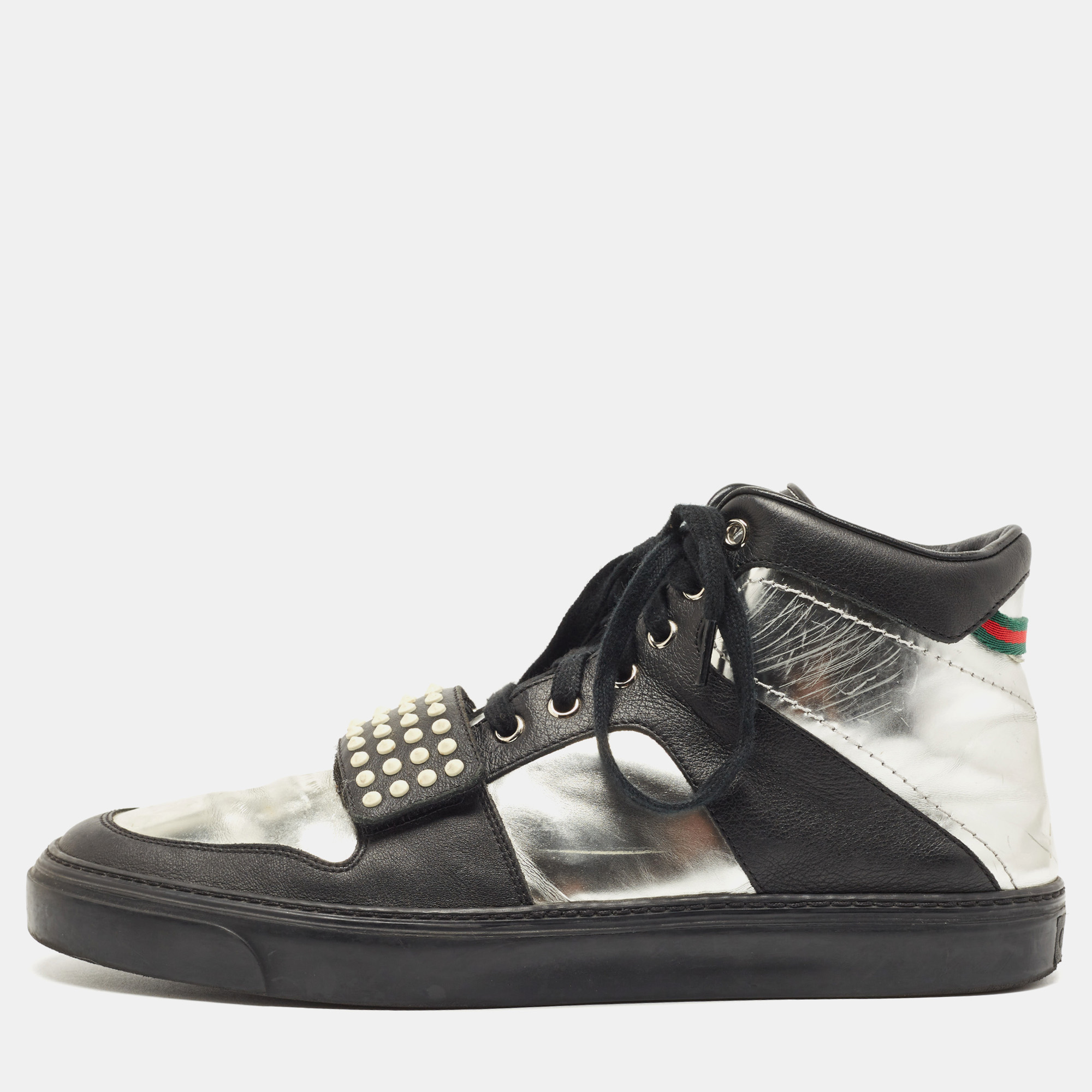 Pre-owned Gucci Black/silver Leather Ayoyo High Top Trainers Size 43.5