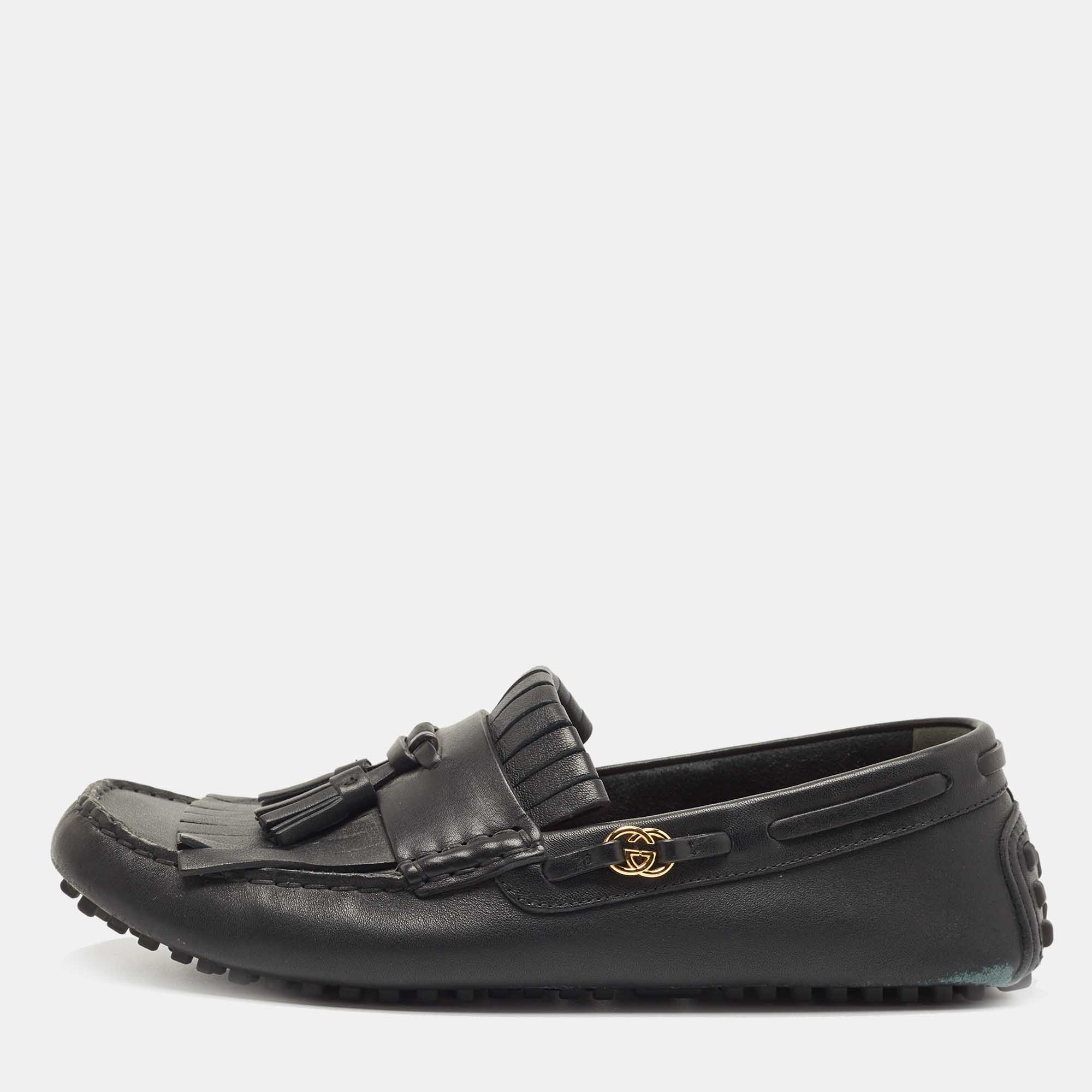 Pre-owned Gucci Black Leather Fringe Tassel Detail Slip On Loafers Size 42.5