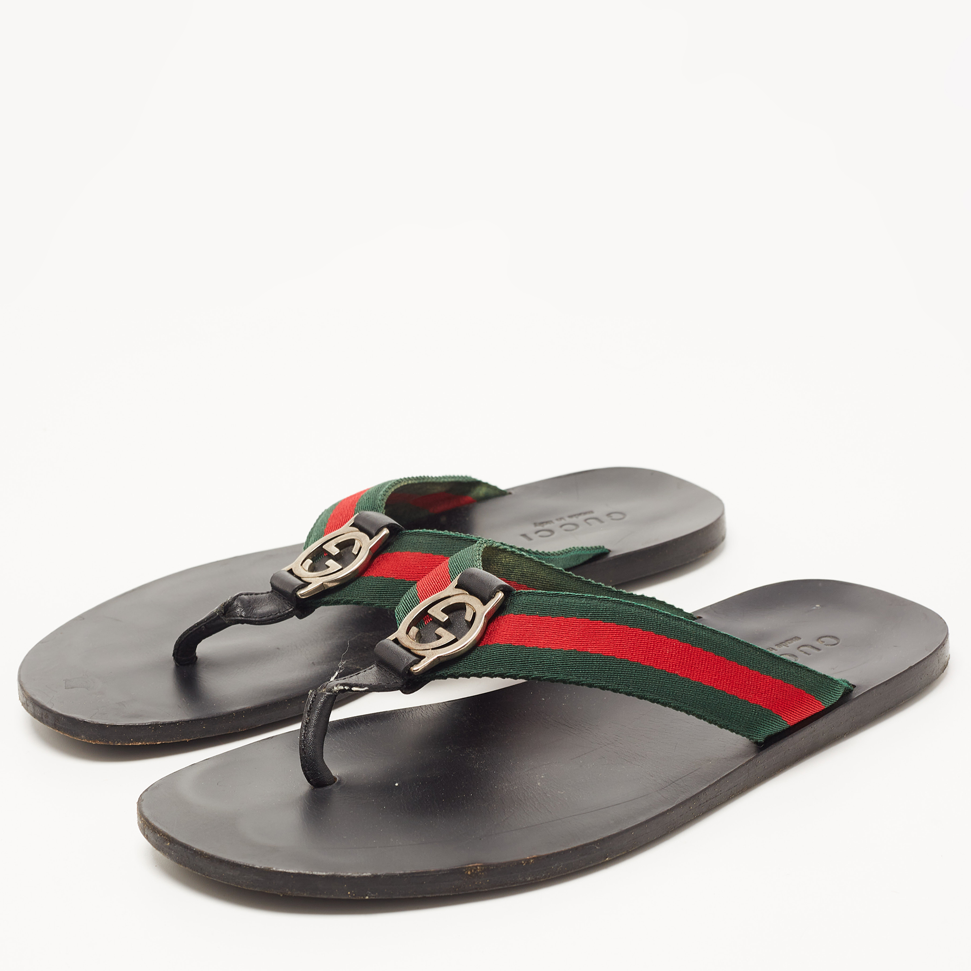 

Gucci Tricolor Leather and Canvas Web Strap Interlocking G Thong Slides Size, Black