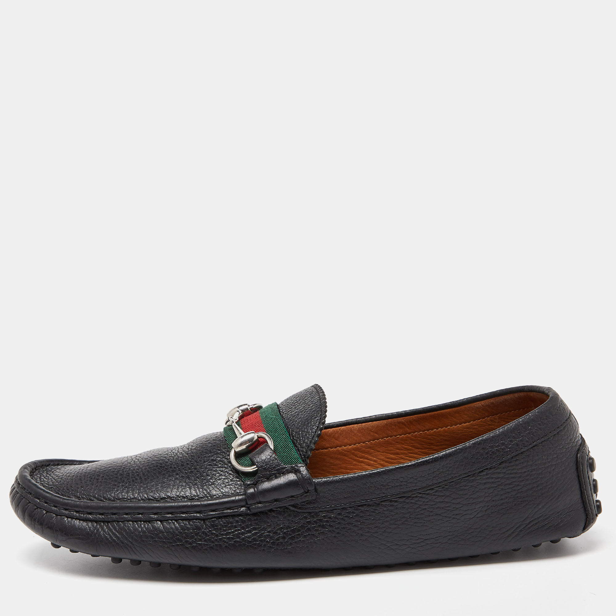 Pre-owned Gucci Black Leather Web Horsebit Loafers Size 44