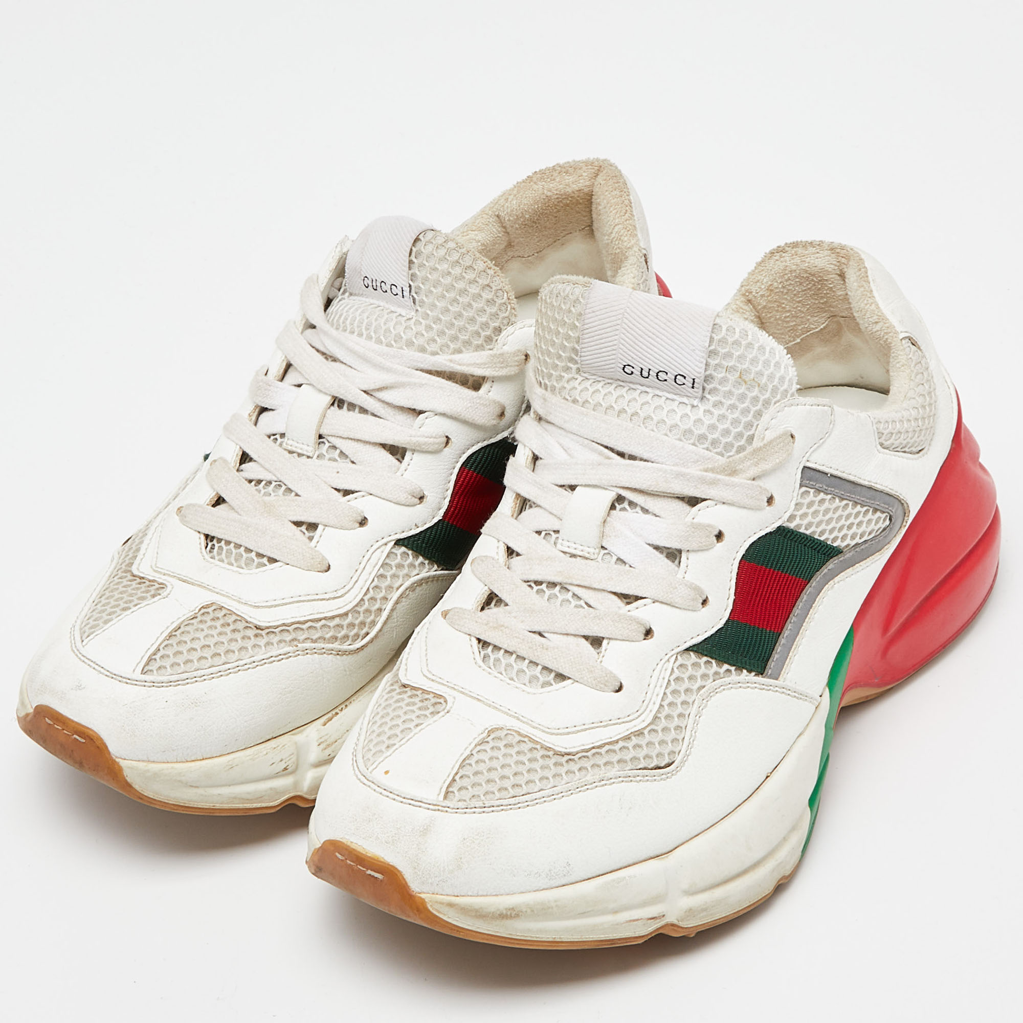 

Gucci White/Red Leather and Mesh Rhyton Web Sneakers Size