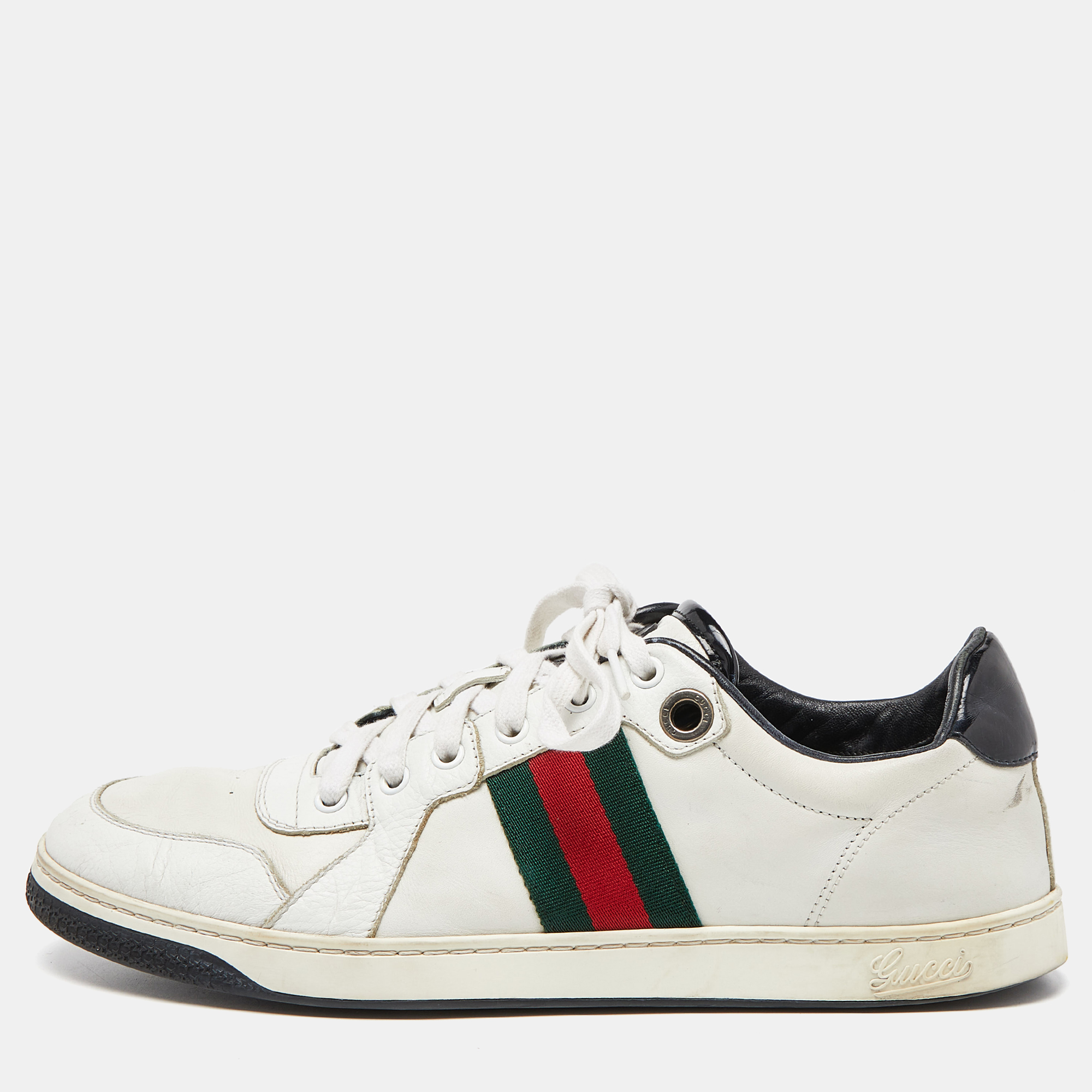 Pre-owned Gucci White/black Leather Ace Web Detail Low Top Trainers Size 43