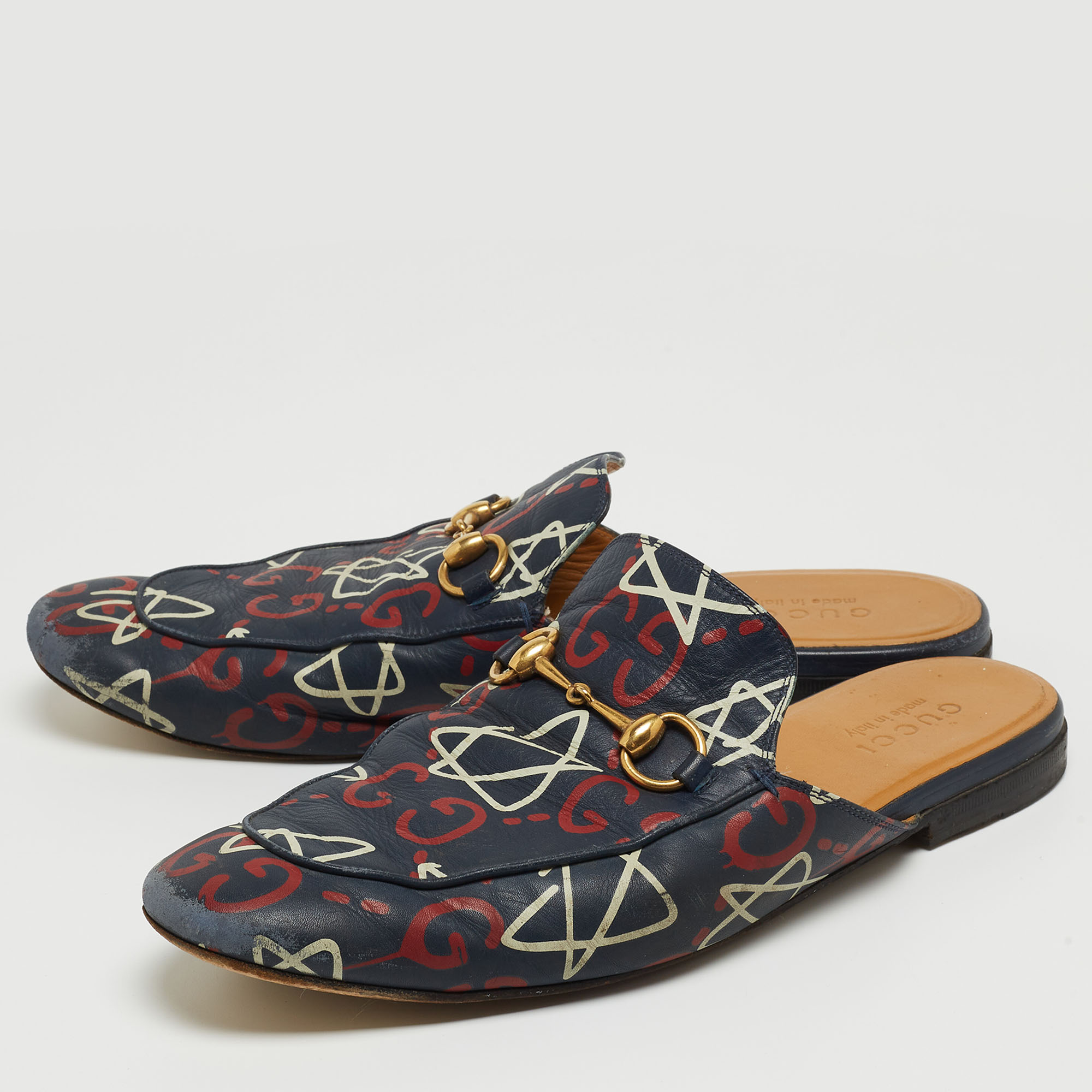 

Gucci Blue Ghost Print Leather Princetown Horsebit Flat Mules Size