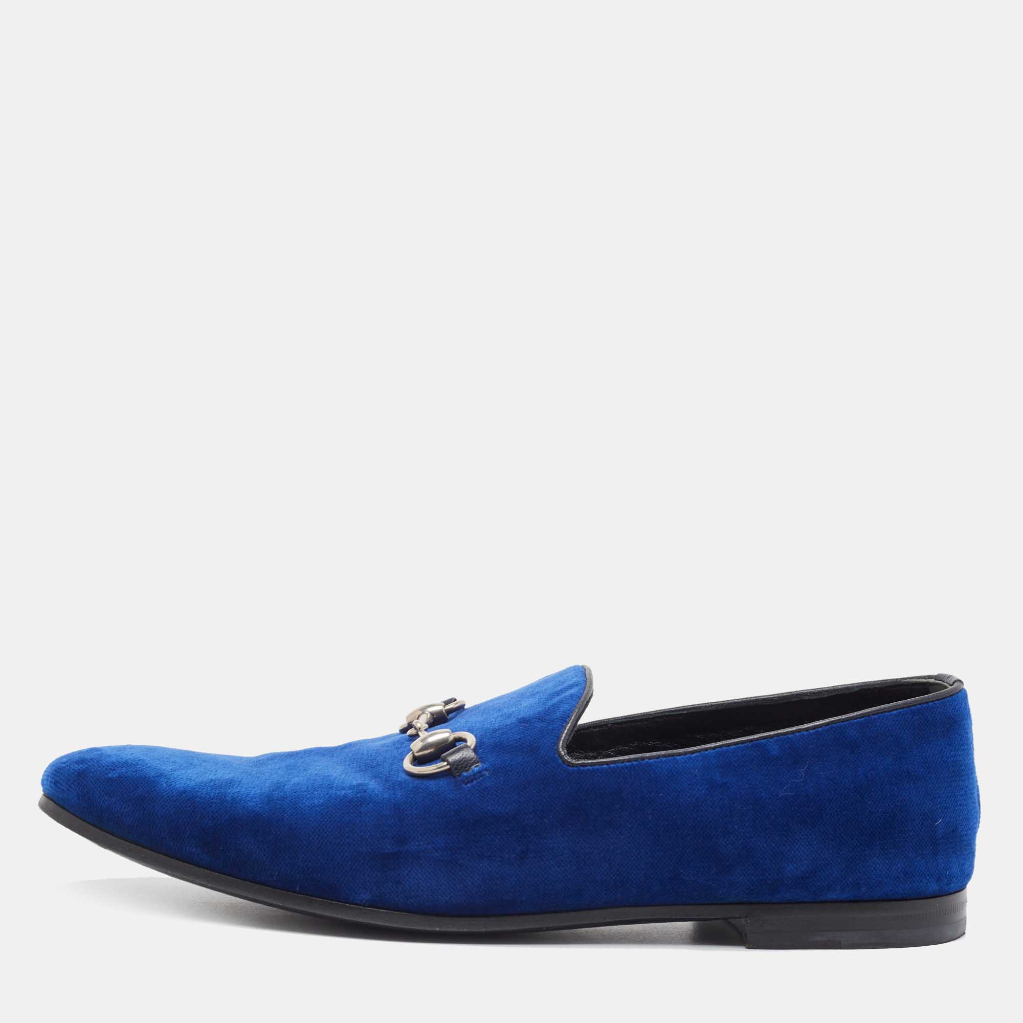 Pre-owned Gucci Blue Velvet Horsebit Slip On Loafers Size 42