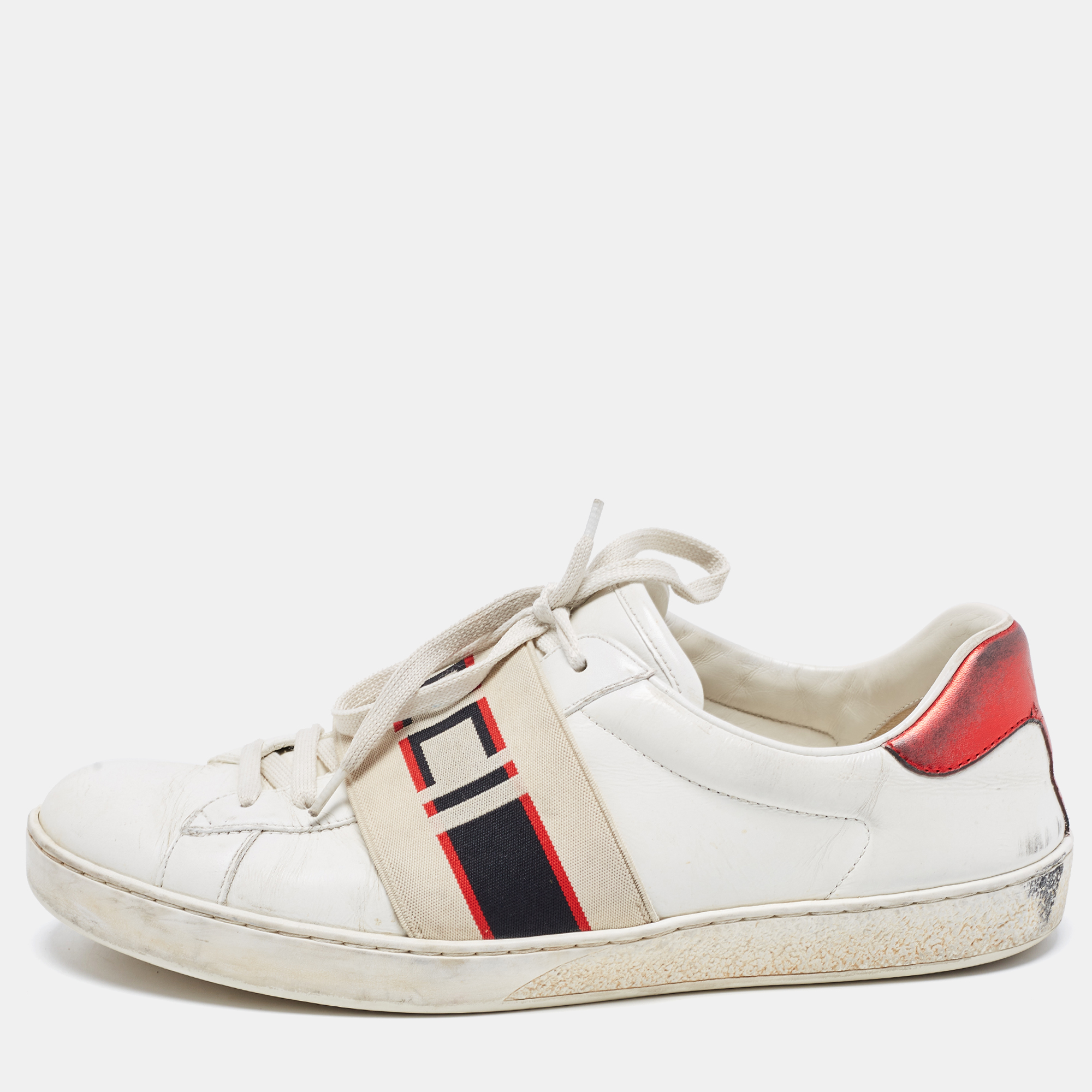 Pre-owned Gucci White Leather Logo Band Ace Sneakers Size 41.5