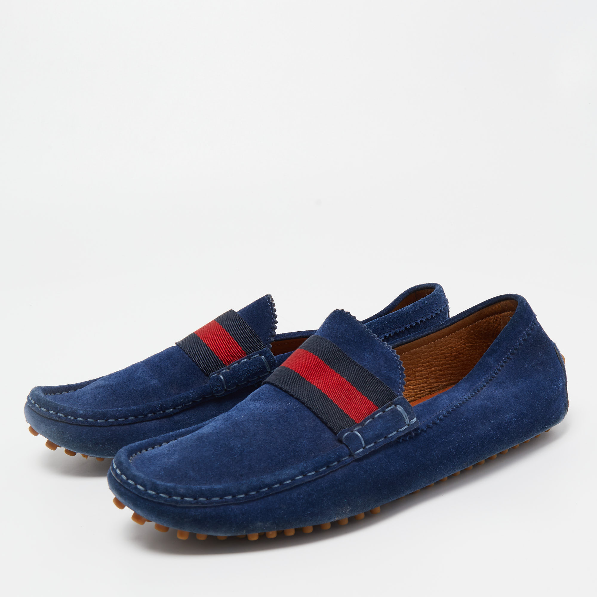 

Gucci Blue Suede Web Slip On Loafers Size