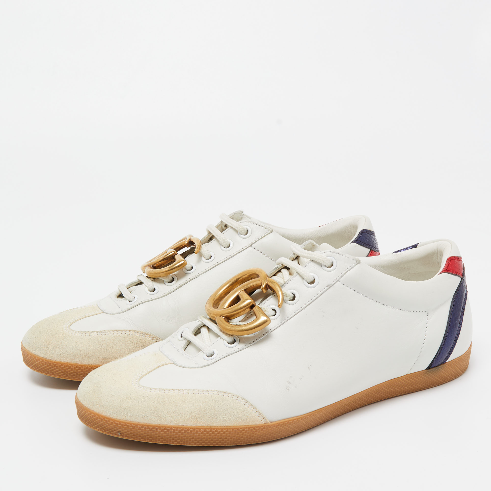 

Gucci White Leather and Suede GG Lace Up Sneakers Size