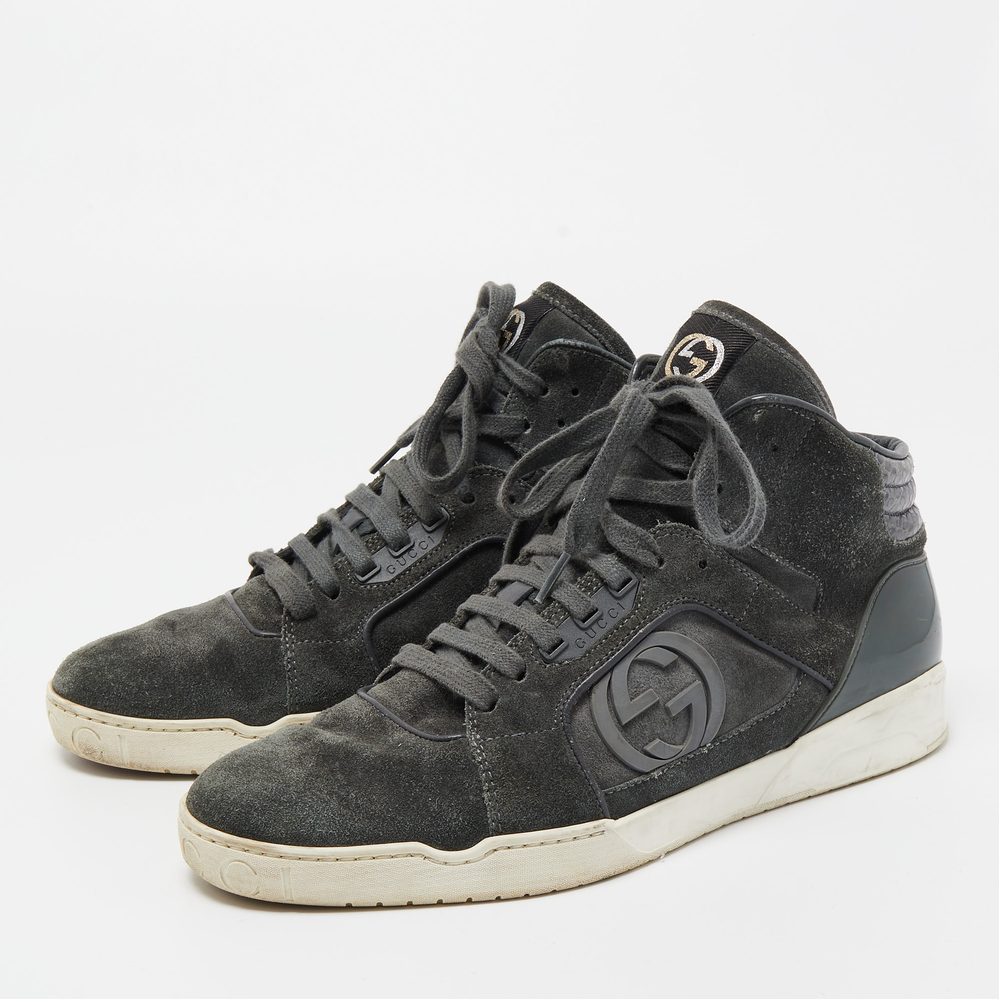 

Gucci Grey Suede Interlocking G High Top Sneakers Size
