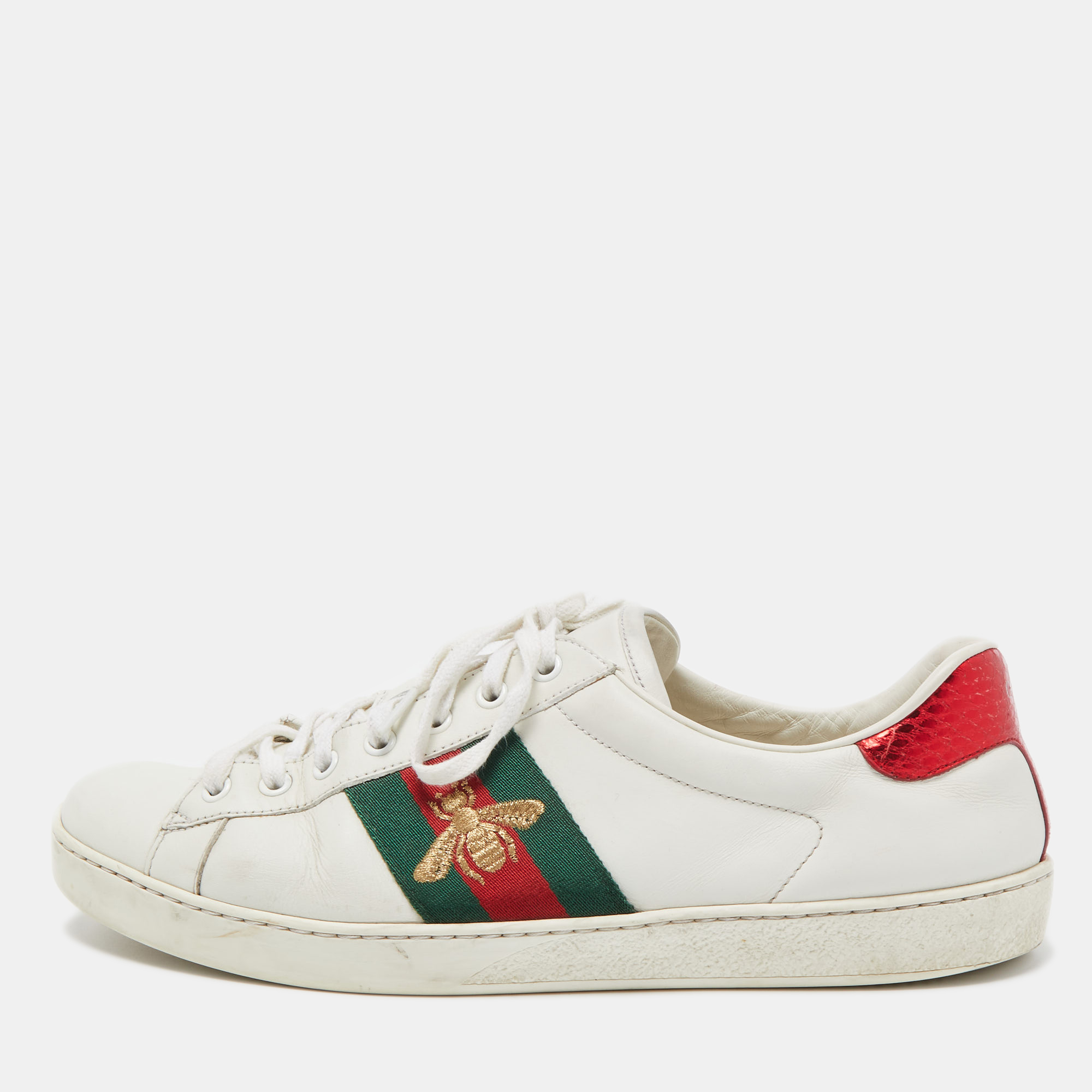Pre-owned Gucci White Leather Embroidered Bee Ace Trainers Size 43