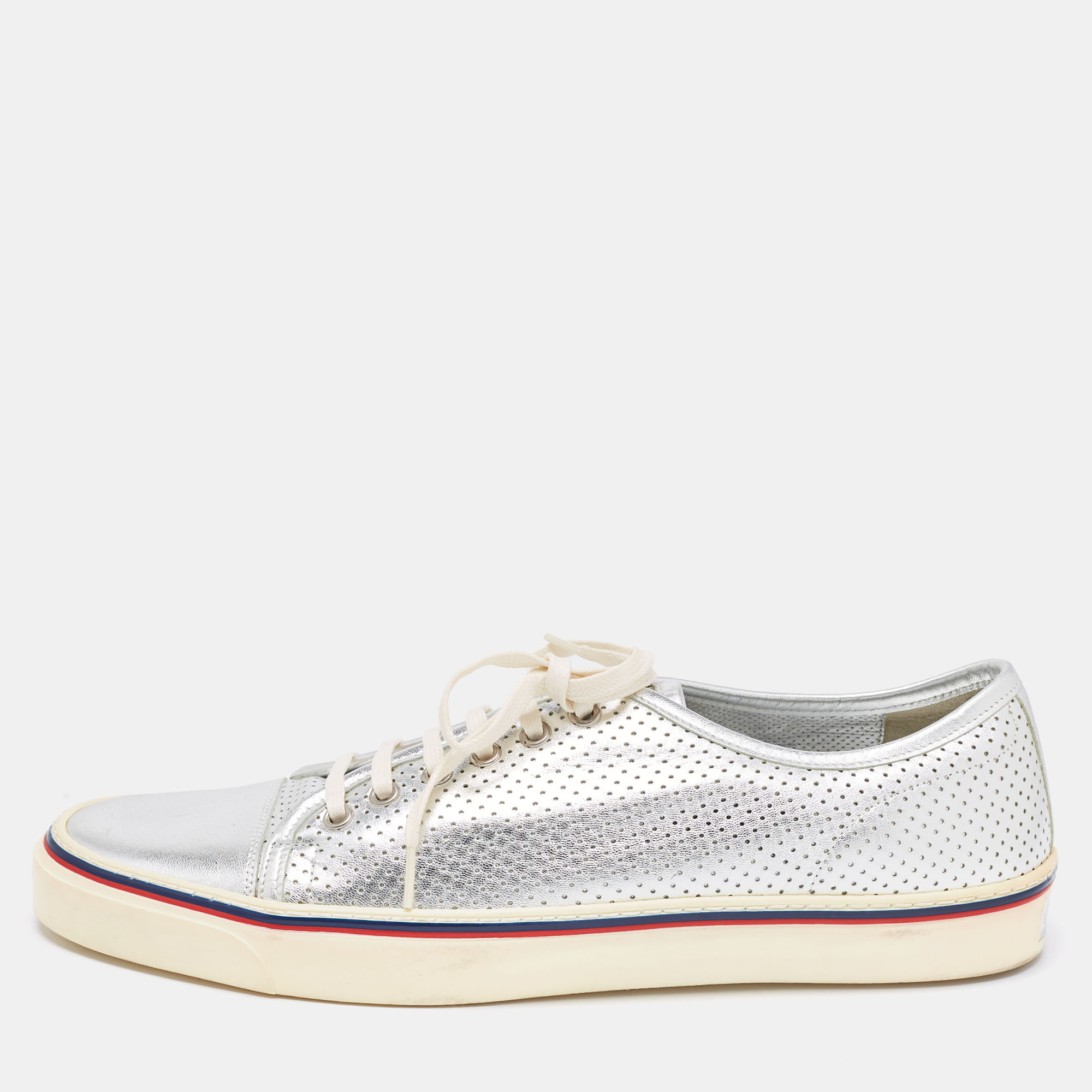 Pre-owned Gucci Silver Perforated Leather Low Top Sneakers Size 44.5