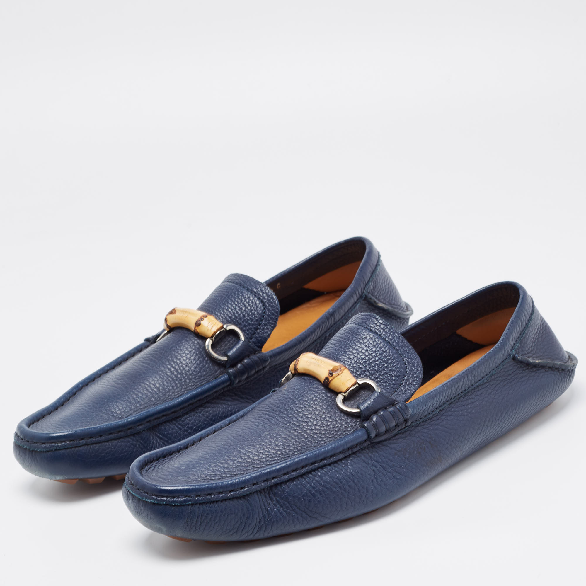 

Gucci Navy Blue Leather Bamboo Horsebit Loafers Size