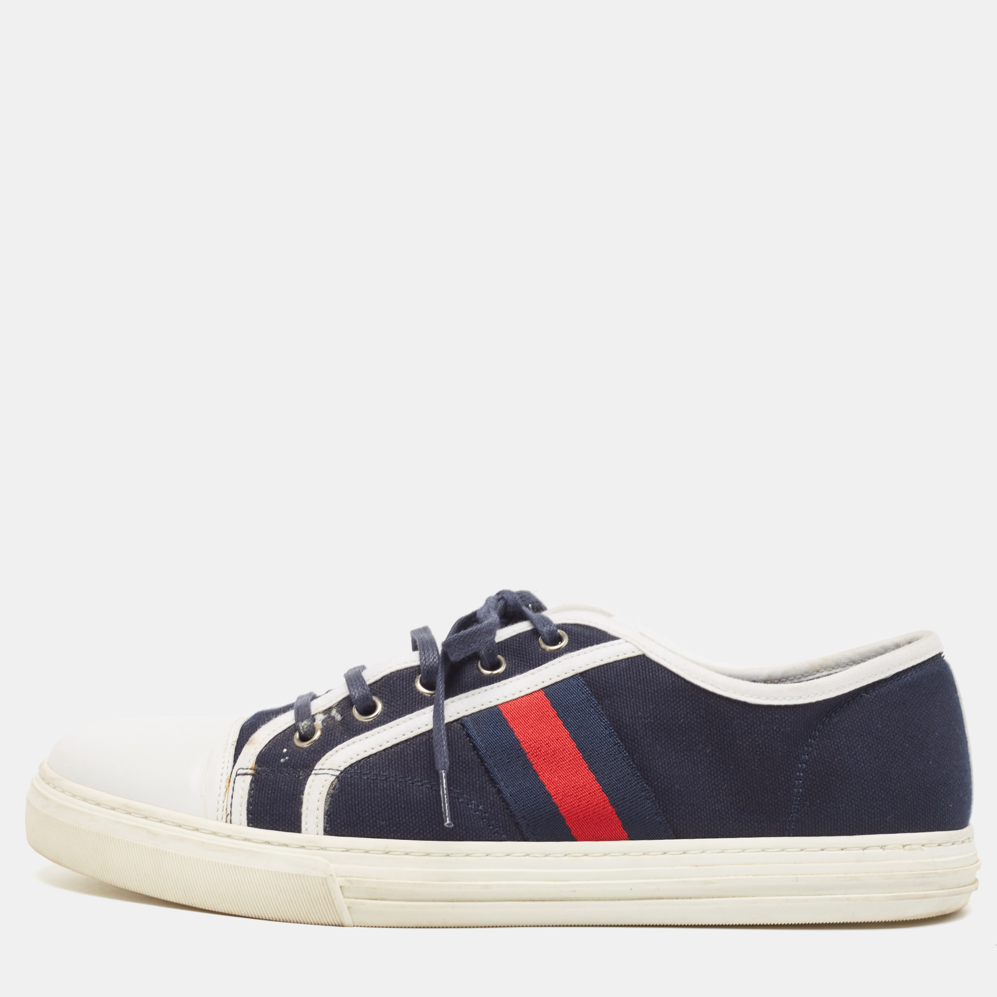 

Gucci Navy Blue Canvas And Leather Web Detail Lace Up Sneakers Size