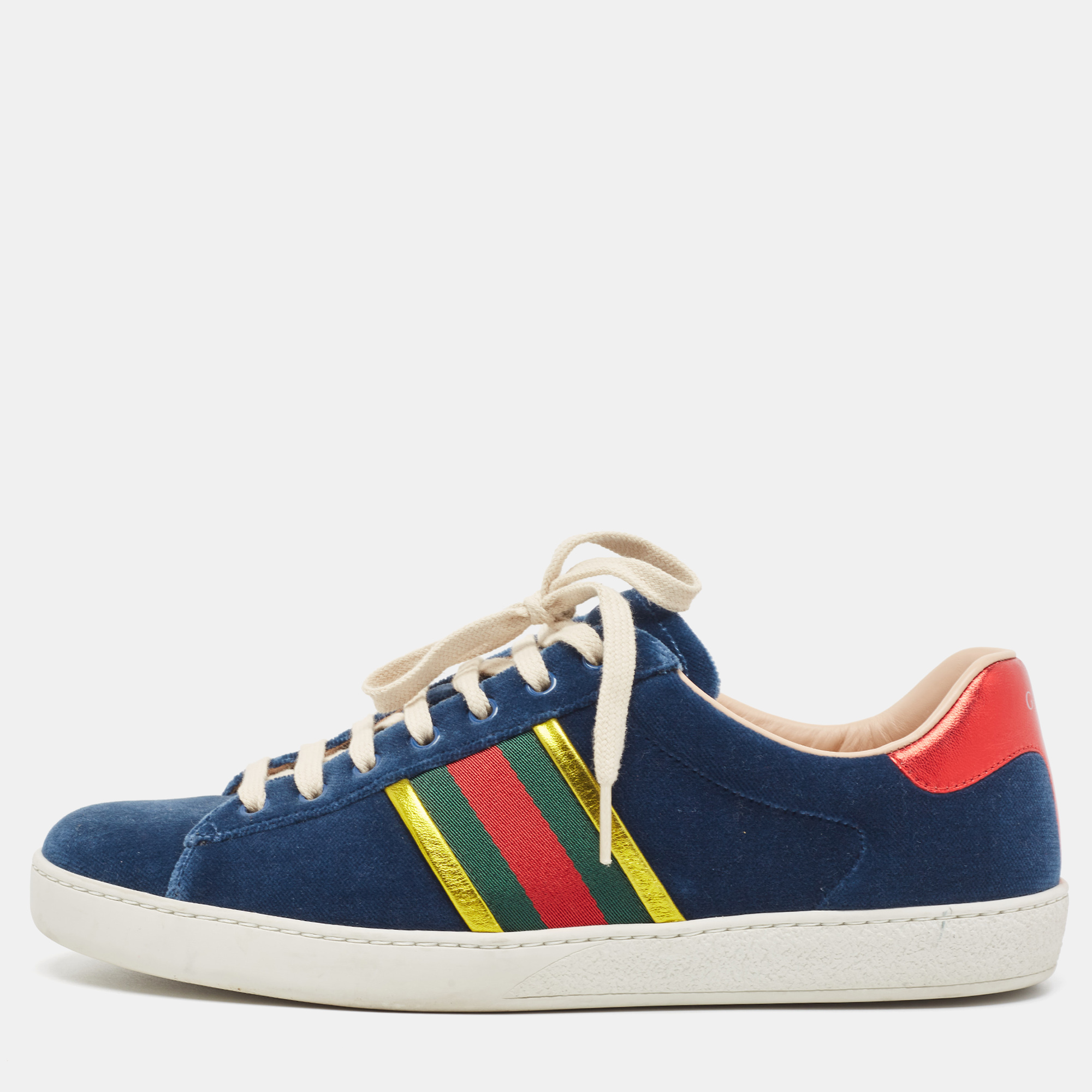 

Gucci Blue Velvet And Foil Leather Web Detail Ace Sneakers Size
